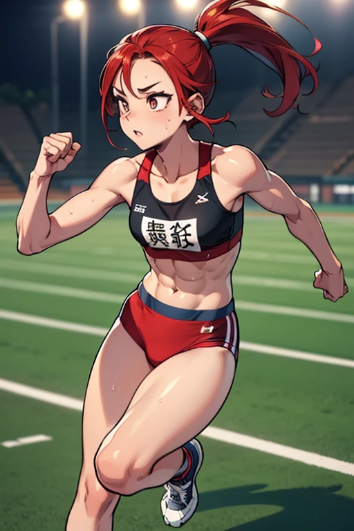 masterpiece、8K、beautiful girl,Athletics stadium at night、sunny,track and field athlete,running in a hurry,Clearly depict the contours of the face,Clearly depict the contours and colors of the eyes,Describe the whole body,beautiful posture,red hair、Sweat、oily skin、ponytail、fine skin、abs、Both hands clenched into fists、left foot in front of body、right foot behind body、Right arm in front of the body、Bend your left arm at a right angle behind your body、running shoes、Chest is small、Both arms bent at right angles、transgender