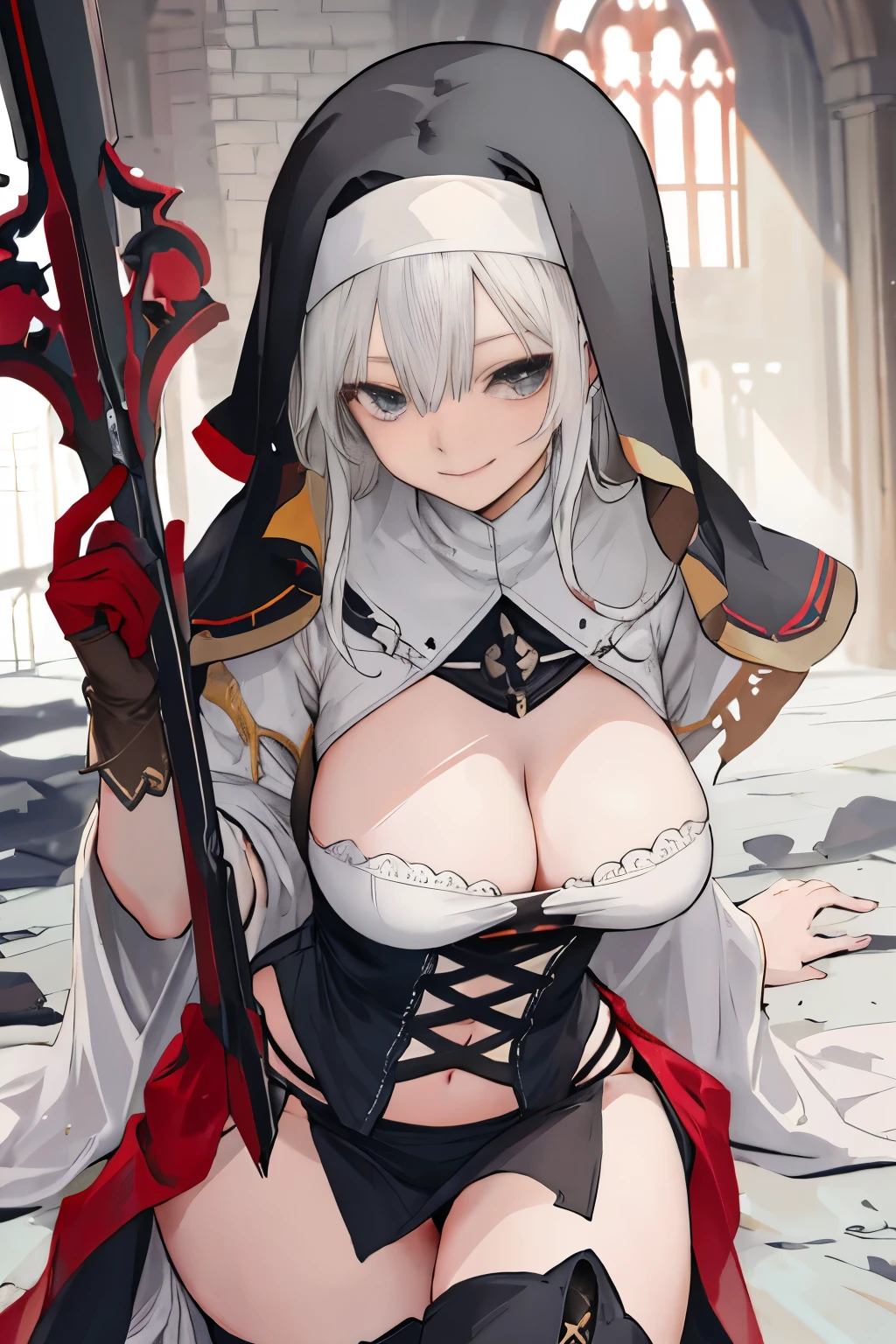 messy langerie and weapons on ground, fantasy girl, nun, decorated robe with large sideslit, hold relief, mesh bodysuit, side tie panties, slit skirt, (NSFW,:1.2),( slit skirt:1.4), castle , church, long hair, thigh high boots, full breasts, {{large breasts}}, humiliated, shameful, embarrassed, scorn smile, portrate, equip long cepter and shield, official art , cowboy shot, close up, breasts focus