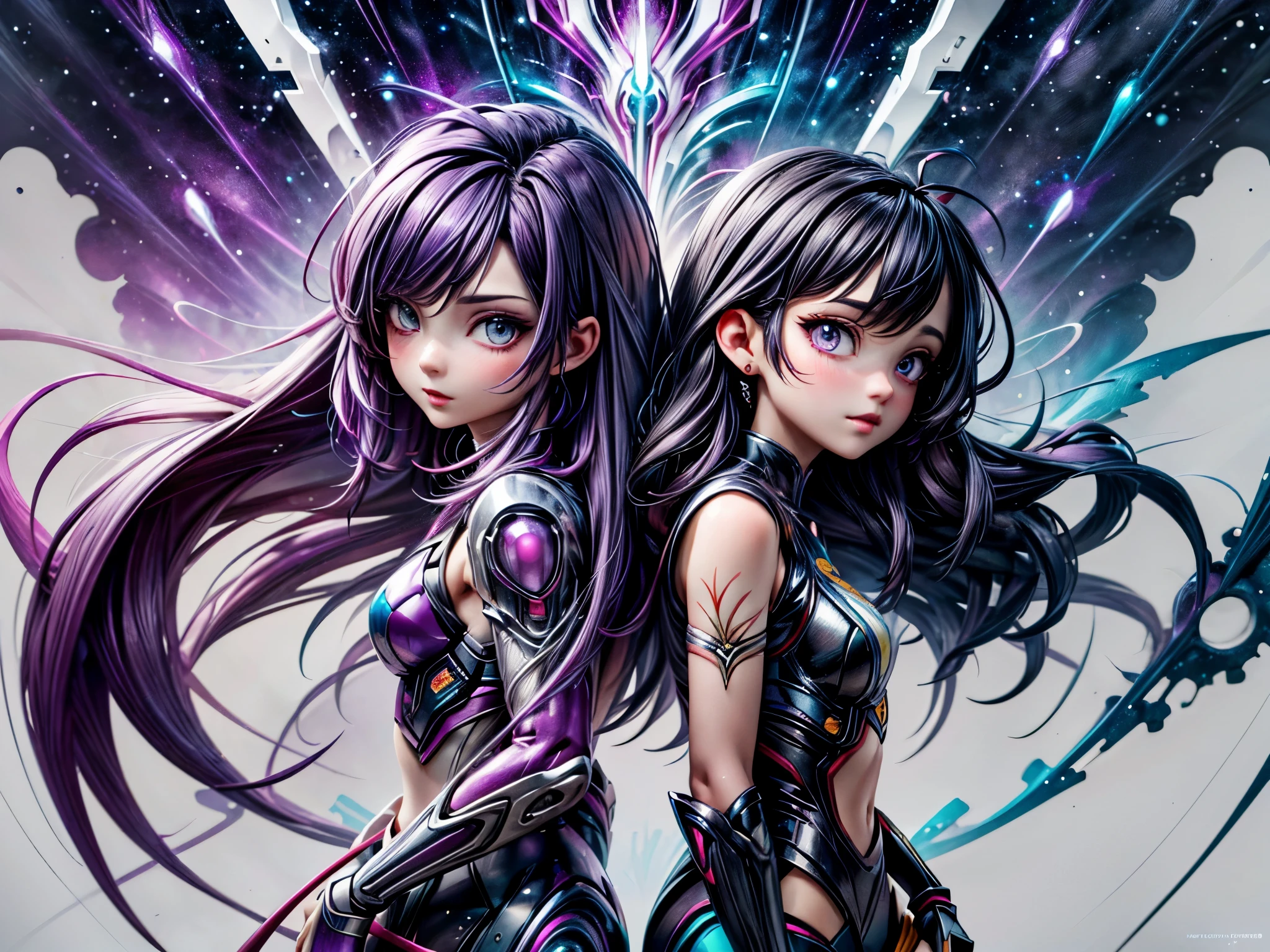 Anime - style illustration of two women with purple hair and black hair., Beautiful sci-fi twins, Detailed digital anime art, Gouache style art, artgerm and rossdraws, wlop and artgerm, A very detailed RTM pathogen., artgerm and wlop, Argerm style, High quality 8k detailed artwork.