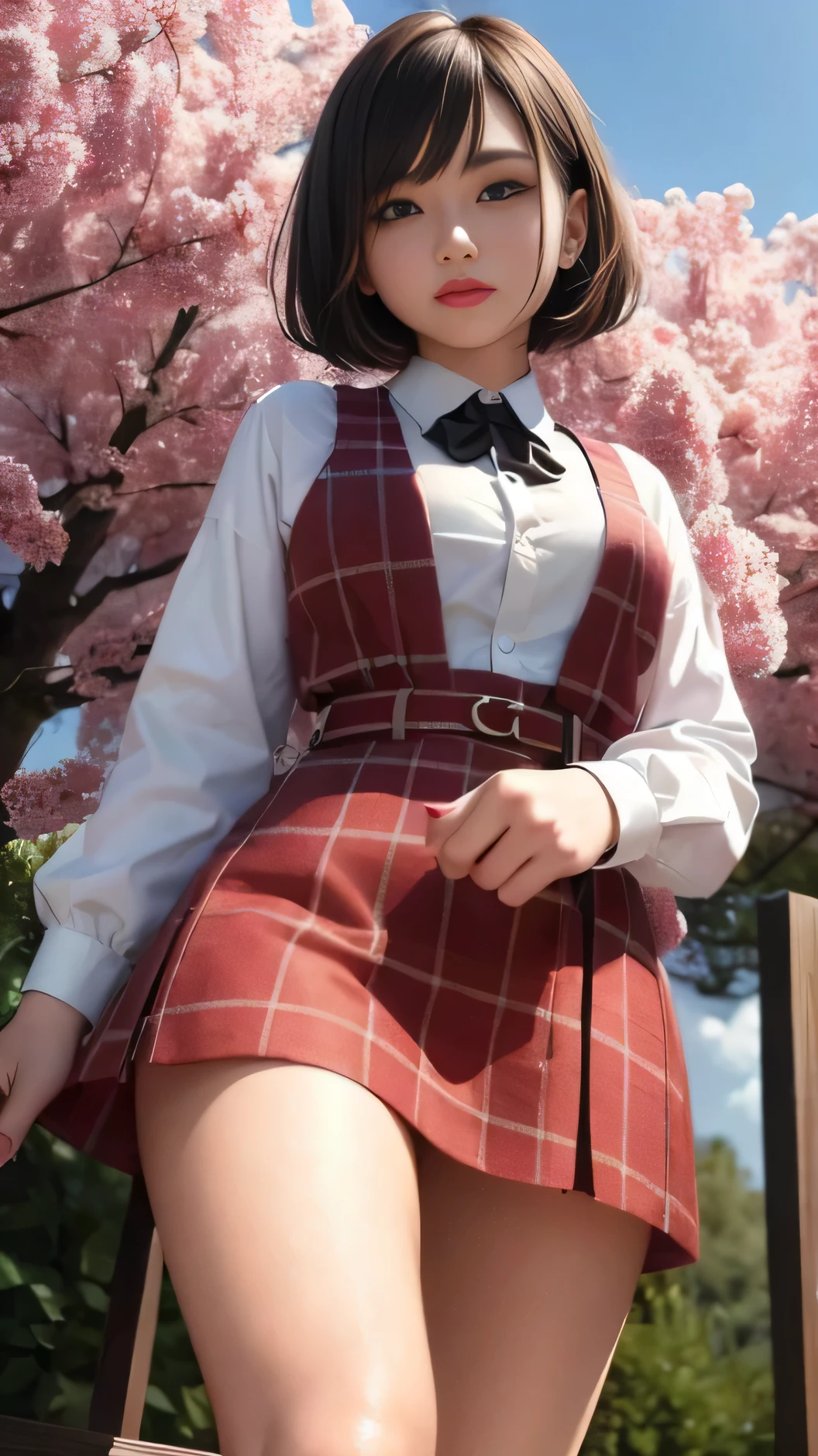An ultra high resolution, 8k RAW写真, showcasing the highest quality and film grain, presents a true masterpiece in the world of anime. The scene captures the essence of a mesmerizing movie moment, featuring a lone girl in a stunningly detailed background, surrounded by flowers in a beautiful natural location.

This tall and slender woman with fluffy short hair and a captivating smile gazes directly at the viewer, her natural skin texture and realistic eye and face details adding to the depth and authenticity of the image. Her full lips are adorned with a touch of red lipstick, complementing the mesmerizing red eyeshadow that adds a hint of mystery to her enchanting appearance.

Dressed in a super short plaid skirt and a white shirt that subtly