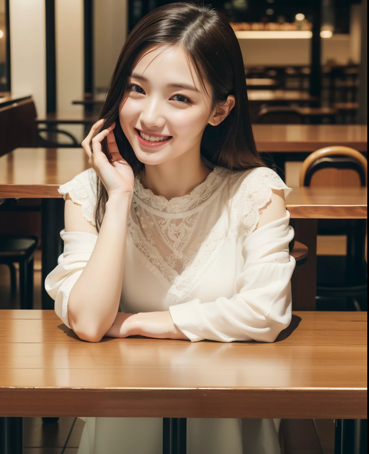 ((best quality, 8K, masterpiece: 1.3)), japanese beautiful girl, pure, melon face, kind and cute, sweet smile, pure desire, slender body, (front), (tilted head), ((looking at camera) ), wearing a lace dress,silky hair, round black big eyes, clear big eyes, moist red lips, sweet, sitting in a cafes, Upscale European cafes background , whole body, (her hands down under the table:1.5),