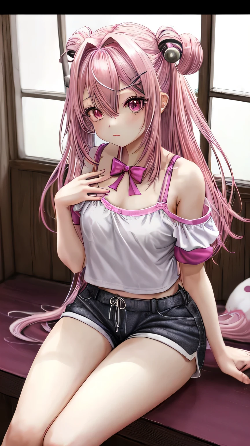 (masterpiece, highest quality, ultra high res, ultra detailed:1.3), 1 cute girl, pink medium hair, half twintail, small breast, black tank top, tank top covered nipples, red pleated mini skirt, white panties, (love juice, pussy juice, masturbating with her fingers:1.4), in cute room, ecstasy look, touching crotch by self, 