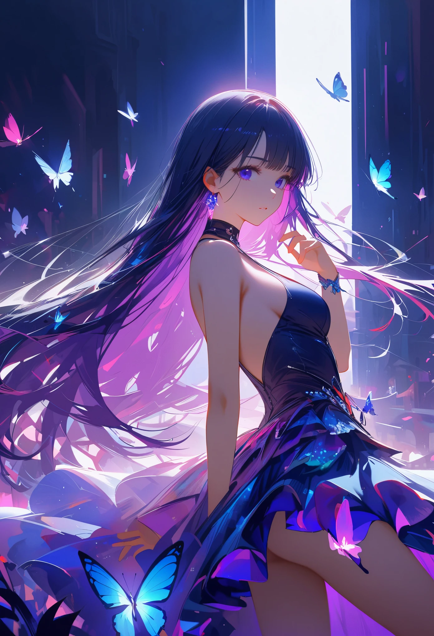 masterpiece, best quality,high resolution, 1 female, aldult, long hair. look_exist_audience, High, perfect stexisture, long time, Bangs, chromexistic dispersion, transparent_plastic, Polychromexistic prism effect, iris/Opalescence, glowing color, aluminum foil, glowing atmosphere,, moonlight, There are stars in the eyes, butterfly style, iris, Liuli, Polychromexistic prism effect, Rainbow core, iris/Opalescence, glowing atmosphere, Very beautiful dress