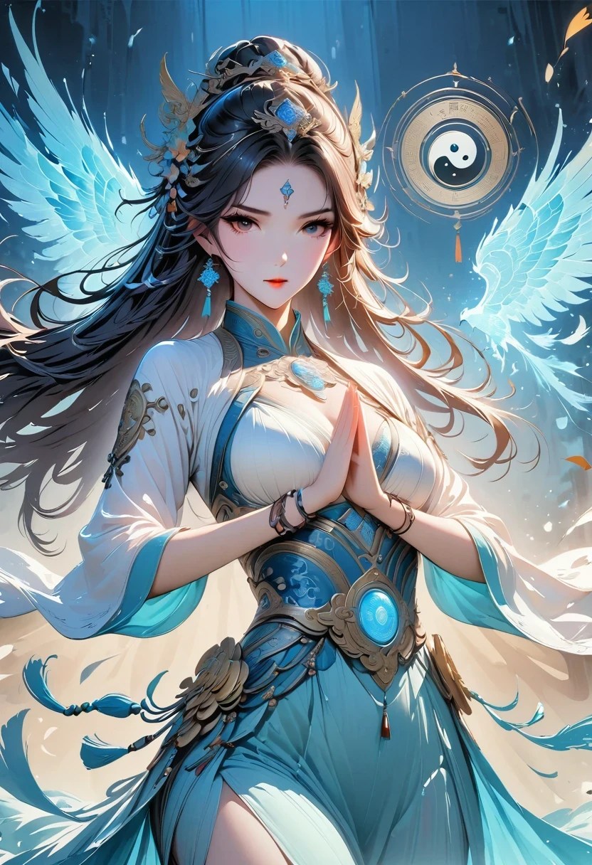 magic circle,best quality,4K,8K,high resolution,masterpiece:1.2,Super detailed,actual,acrylic style,Tai Chi, yin yang, Gossip,3D rendering,The transparent and charming female Taoist priest meditates in yoga,Light and shadow photography,(background:An unusually large number of magical kanji spells rained down),