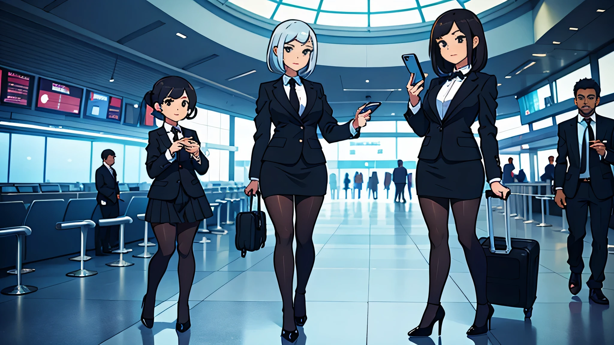 The ultimate cartoon style,Super detailed hands,A 27-year-old working woman,Wearing a black suit and a tight hip skirt,black and high heels,Looking at the phone seriously,Looking at the phone while walking,In the empty airport hall,Full body close-up,The frame contains the entire character,Head-up perspective,Character centered,anime manga style