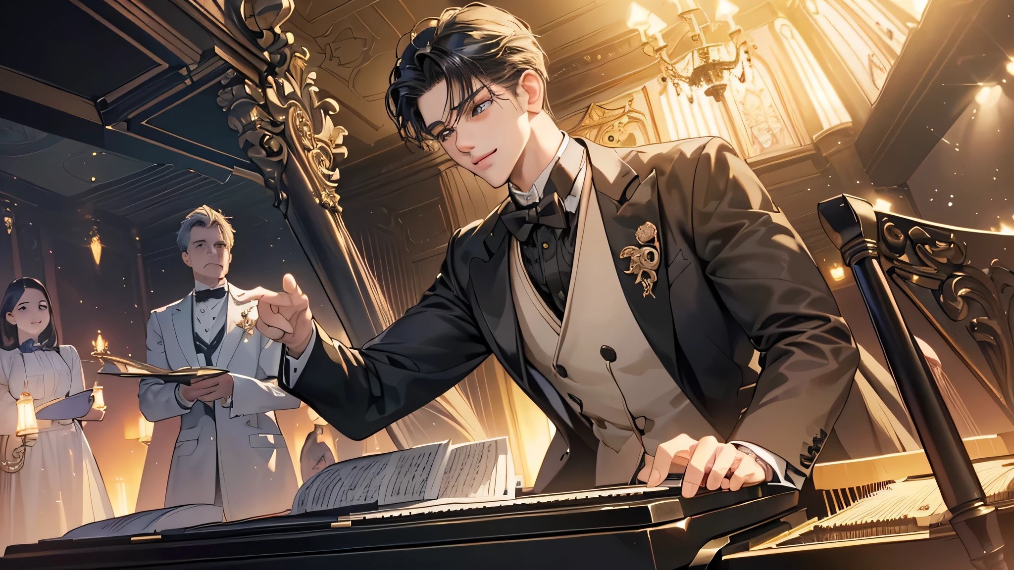 in the super-detailed, high-quality ((realismo:1.37}), ((realismo:1.37}), ((realismo:1.37}:1.1)) image. Your charming smile shines brightly, adding to the romantic ambiance ((envolvido en luz apagada)) as you immerse yourself in the Chopin solo concert. The soft lighting enhances the depth and emotion of the music, casting warm tones on your tuxedo and bringing out the intricate details of the piano keys. Your handsome young features are illuminated by the bright colors, each detail visible in the masterpiece that unfolds before us. The warm, inviting mood captiv