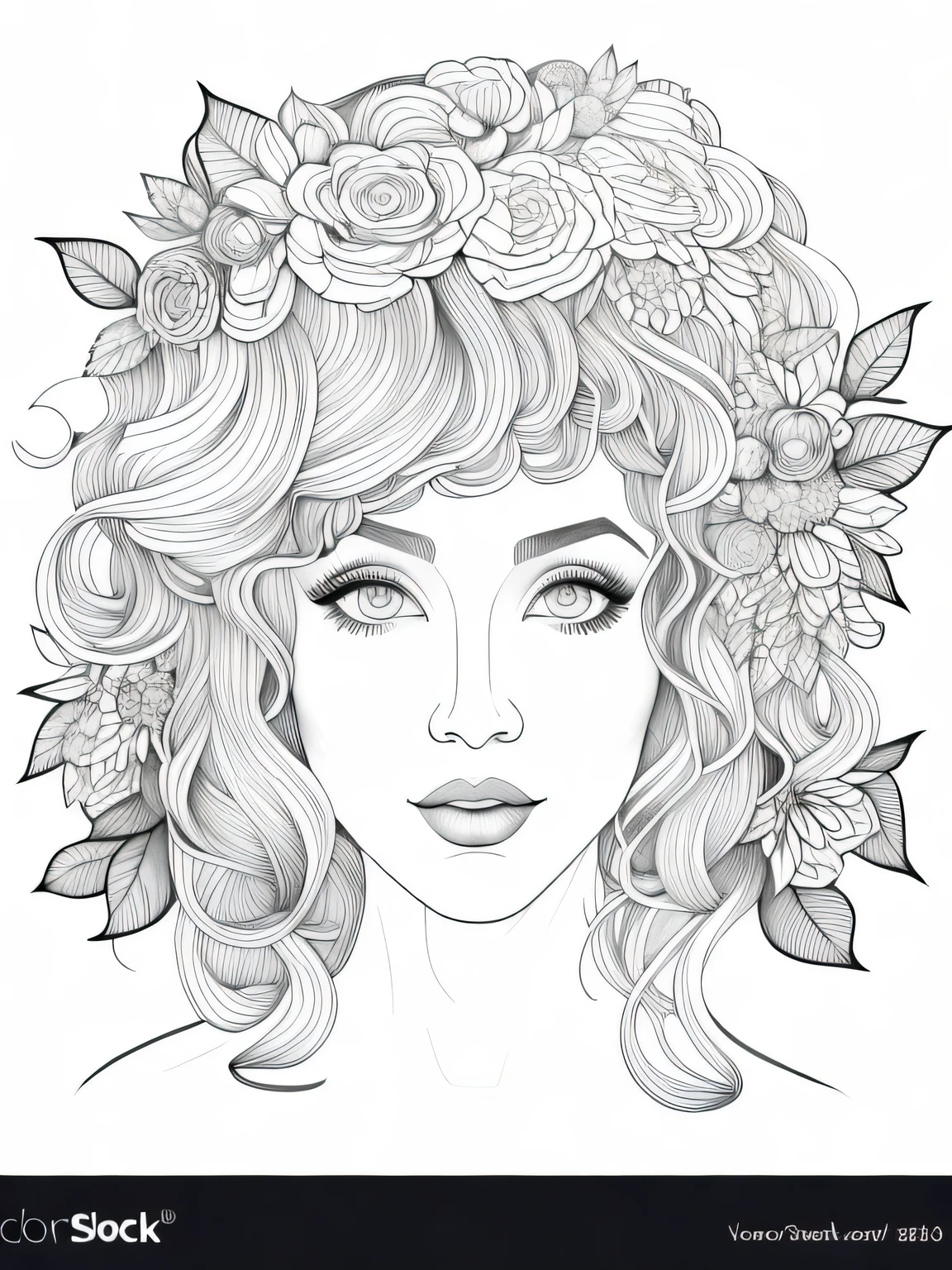 a woman with a flower in her hair and a wreath, clean coloring book page, traditional drawing style, beautiful line art, detailed feminine face, beautiful drawing style, line art colouring page, beauty woman with detailed faces, drawn with photoshop, line art portrait, her face framed with curls, sketch black and white colors, outlined art, detailed beautfiul face