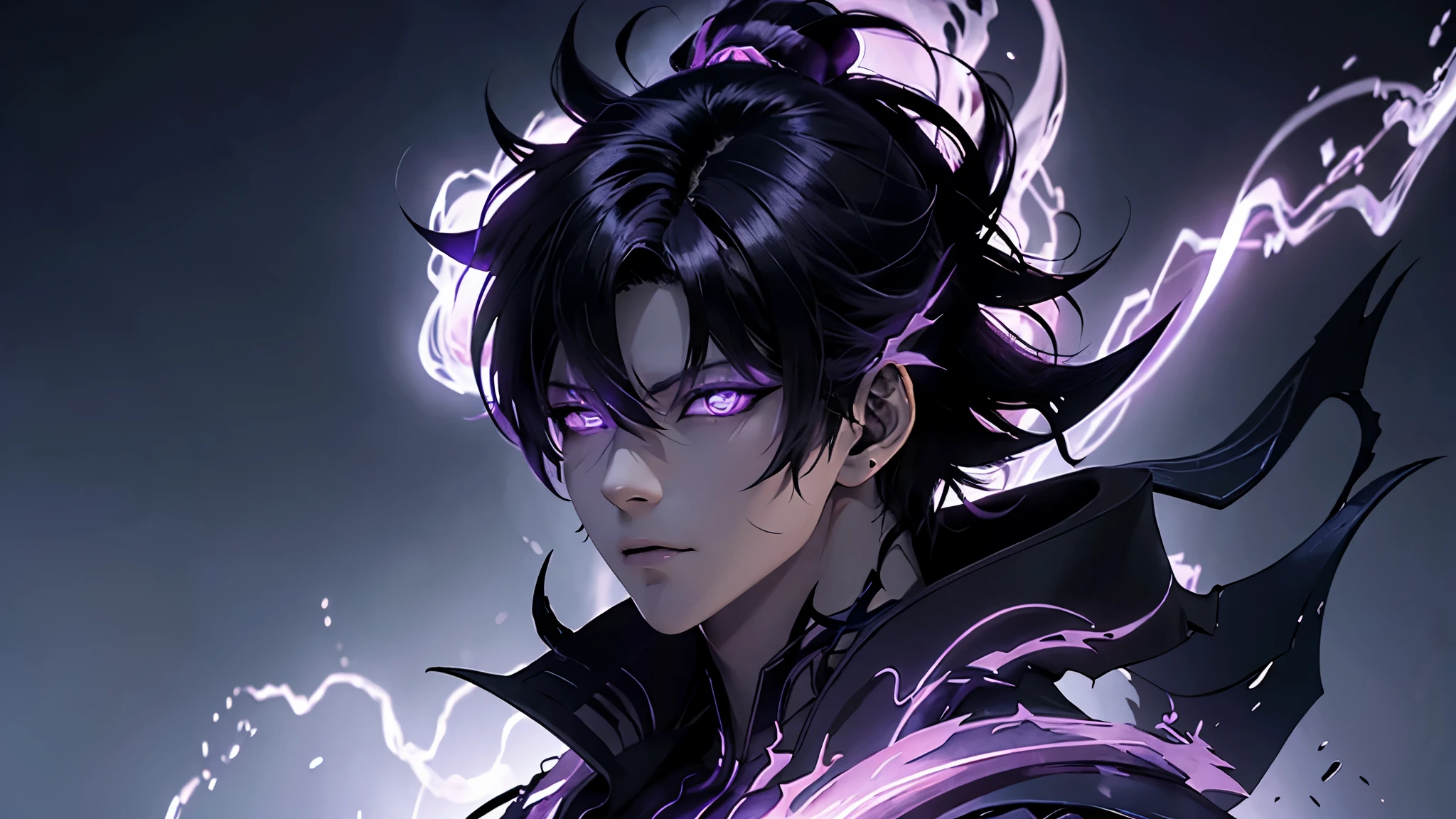 anime character with purple hair and glowing eyes in front of a dark background, handsome guy in demon slayer art, epic fantasy art style, badass anime 8 k, epic fantasy digital art style, detailed digital anime art, human male demon, portrait of hades, epic fantasy art style hd, fierce expression 4k, demon male, extremely detailed artgerm