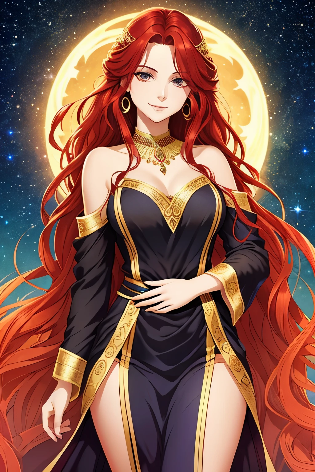 woman, ivory skin, hair is red, hair is long and wavy, eyes green, wears black Grecian robes with thigh windows, long flowing sleeves with shoulder windows, lots of very decorative jewelry, smirking expression, starry sky background