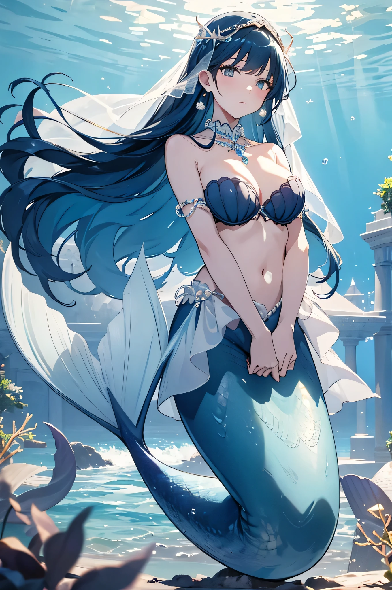 4k,High resolution,one woman,mermaid,dark light blue hair,long hair,big breasts,seashell bra,White Veil,pearl decoration,jewelry decoration,In the sea,Undersea Temple