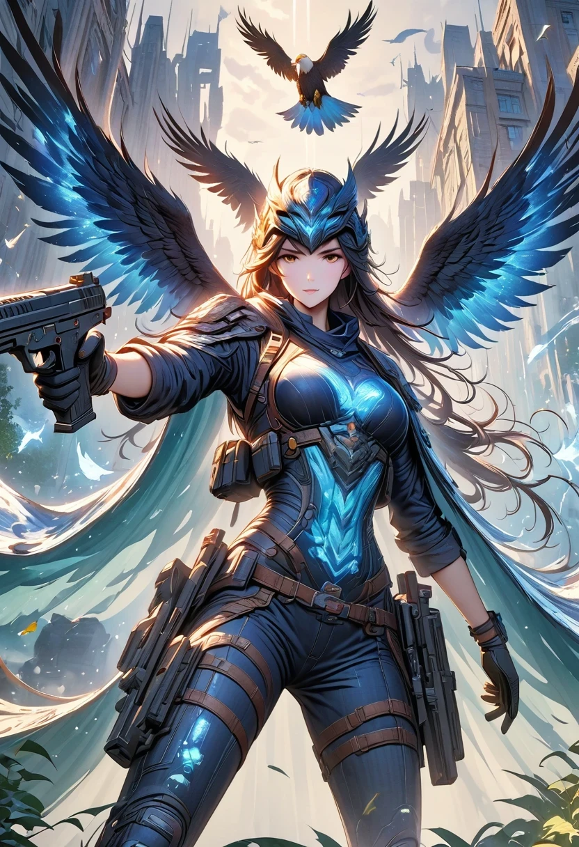 Eagle Falcon Warrior,Eagle head mask,eagle eye,Eagle's Beak, An eagle warrior with an eagle falcon face and wings stands in front of the city of darkness,Close-up of falcon,Huge wings glittering, Beautiful and elegant Falcon King,((best quality)), ((masterpiece)), (high detail:1.3), 3d, Machine gun in hand,(cyberpunk characters:1.2) special operations, ,(armed:1.1), Bulletproof vest, raincoat, number (camouflage: 1.3), high dynamic range(high dynamic range), Ray tracing, NVIDIA RTX, ultra high resolution, Unreal 5, subsurface scattering, PBR texture, Post-processing, Anisotropic filtering, depth of field, Maximum clarity and sharpness for any layer texture、Albedo and reflection maps、surface coloring、Accurately simulate the interaction of light with materials、ideal proportions、Render by Octane、Dual color lighting、Large aperture、Low ISO、white balance、rule of thirds、8K raw data、Effective subpixel、sub-pixel convolution、 epic fantasy art, and Mumford Tom Bagshaw., Ominous fantasy illustration, diablo number concept art, Lei Zhenzi is on the dedication list, The head is a falcon, Purple skin under the armor, Thunder Demon, epic fantasy art style, Purple skin under the armor, Detailed number 2D fantasy art, epic fantasy art style HD, 8K fantasy art, King of Birds