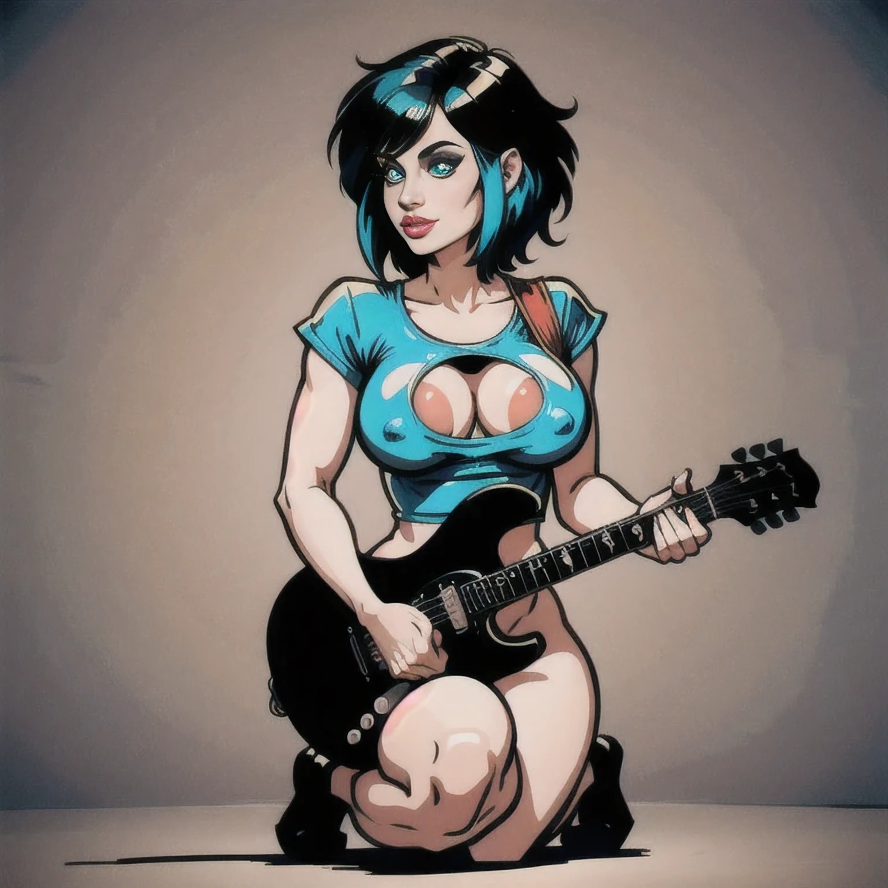 STICKER, (solid outline:1.3), (NSFW:1.2), A detailed illustration of a vivid Joan Jett, kneeling down topless, full-Length, Joan Jett holding a Guitar, Joan Jett, breasts exposed, big breasts, lush breasts, voluminous breasts, firm breast, detailed hands, black hair, solo, one character, medium body, turquoise eyes, gentle smile, rock chicks on stage, very beautiful fantasy art, vintage t-shirt design, in the style of hand drawing, 3D vector art, fantasy art, watercolour effect, Adobe Illustrator, hand-drawn, digital painting, low-poly, soft lighting, isometric style, retro aesthetic, focused on the character, 4K resolution, (candid, photographed at f/11, ISO800, 35mm)