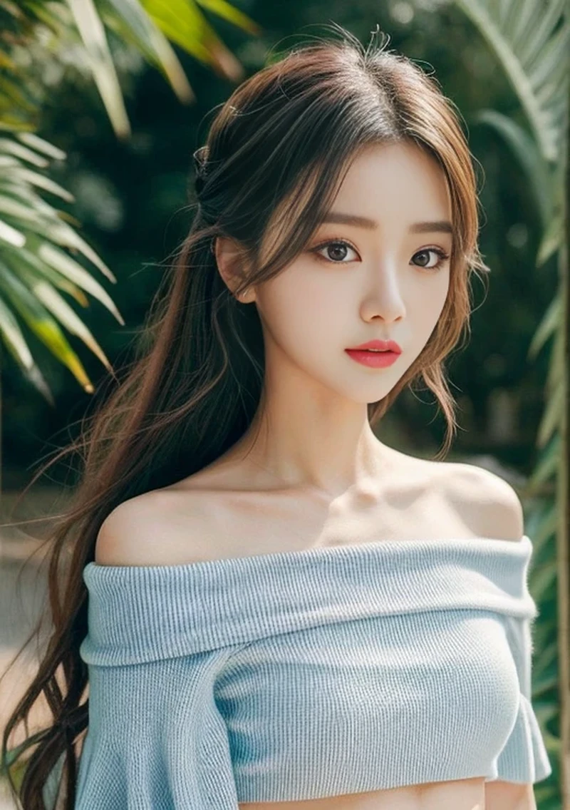 Fashion trendy beautiful and attractive woman, Gentle and charming Chinese beautiful women, Korean(K-POPアイドル), delicate and sexy clavicle, Attractive oval shape of face, double eyelid, smart [peach]flower of the eye, pink of lips, small nose, bare shoulders, focus on of face, close-up of of face, ultra high resolution, Super detailed, of ((Loose)), white off-of-shoulder shirt perfectly echoes of light blue high slit miniskirt, (chest of cutouts). ((black)lace panties), fresh and impressive, nature(medium breasts:1.25), (NSFW:1.2)