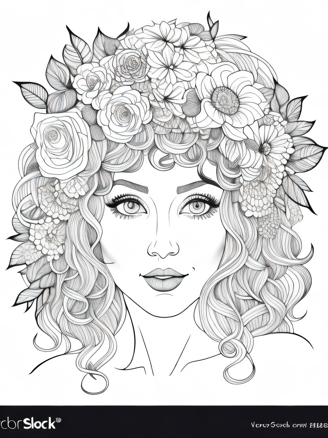 a woman with a flower in her hair and a wreath, clean coloring book page, traditional drawing style, beautiful line art, detailed feminine face, beautiful drawing style, line art colouring page, beauty woman with detailed faces, drawn with photoshop, line art portrait, her face framed with curls, sketch black and white colors, outlined art, detailed beautfiul face