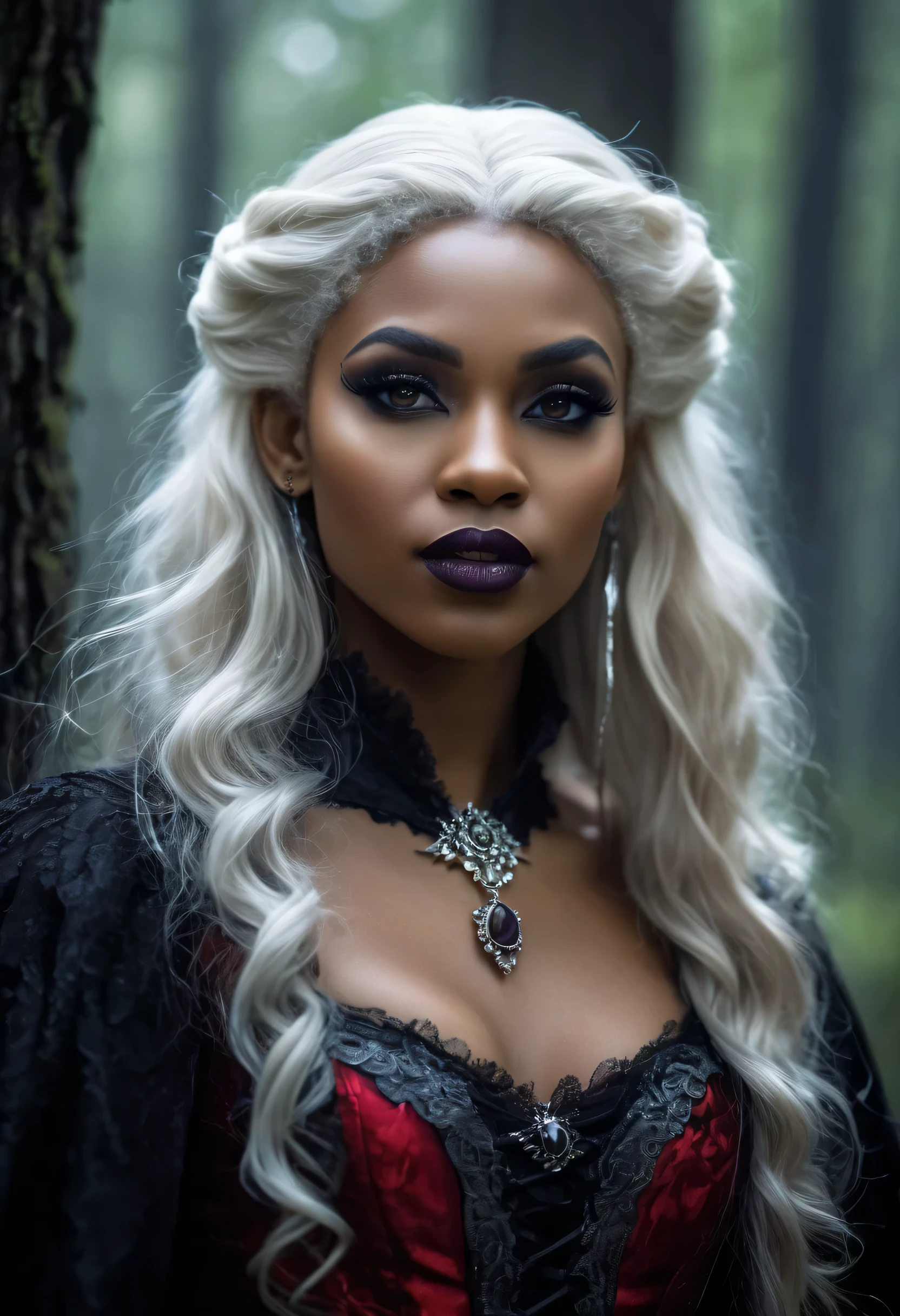 A Vampire witch beautiful as the moon and scary as the night, like a scene from the wicked witch movies, intricate, elegant, highly detailed, in a very scary forest., dark lighting, long old blonde hair, very attractive face, true coloring, fantasy portrait of a black-skinned elf, black eyes, soft smile, bright white curly hair, rainy castle background, black and red magic, ultra detailed