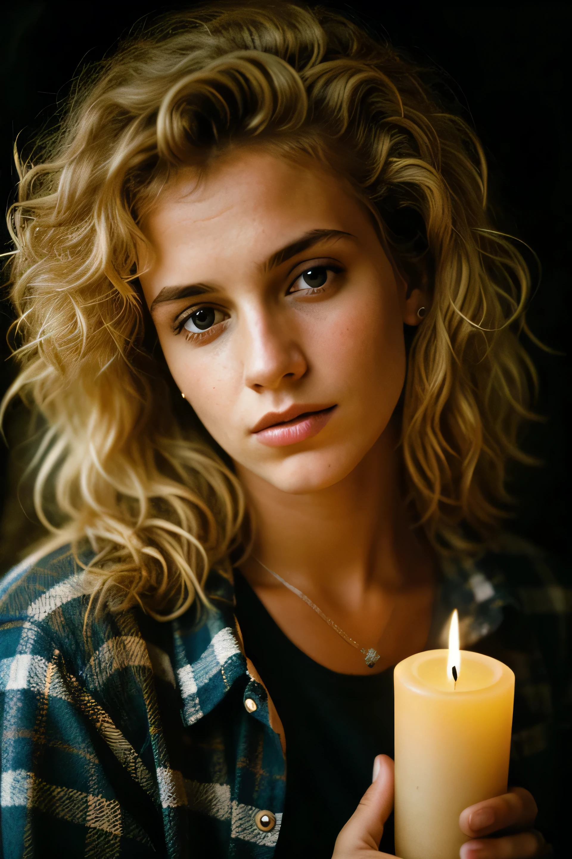 photograph of a woman, (troubled facial expression), textured skin, goosebumps, blonde afro hair, plaid flannel shirt with distressed boyfriend jeans, cowboy shot, dark and mysterious cave with unique rock formations and hidden wonders, perfect eyes, (candlelight,chiaroscuro), Porta 160 color, shot on ARRI ALEXA 65, bokeh, sharp focus on subject, shot by Don McCullin