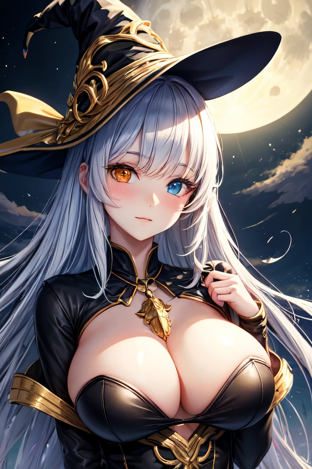moonlight, light blue long hair, witch girl, heterochromia, big breast, black and gold