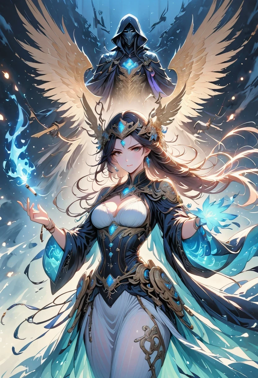 Grim Reaper Scythe with Flames, goddess of death, dark complex background, grim Reaper, Fiery aura, ethereal existence, ominous shadow, unforgettable atmosphere, Horrible beauty, smoky, menacing silhouette, glowing embers, A mysterious and ominous premonition, eerie moonlight, portends bad luck, spectrogram, Wind, otherworldly realm.