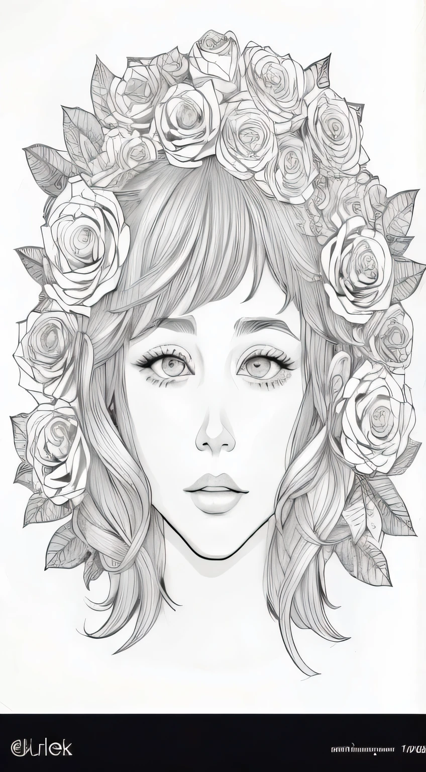 a girl with a wreath of roses in her hair, clean coloring book page, detailed feminine face, roses in her hair, line art portrait, beautiful line art, girl portrait, line art colouring page, detailed portrait of anime girl, black and white coloring, lineart behance hd, line art illustration, detailed attractive face, girl with a flower face, detailed digital drawing