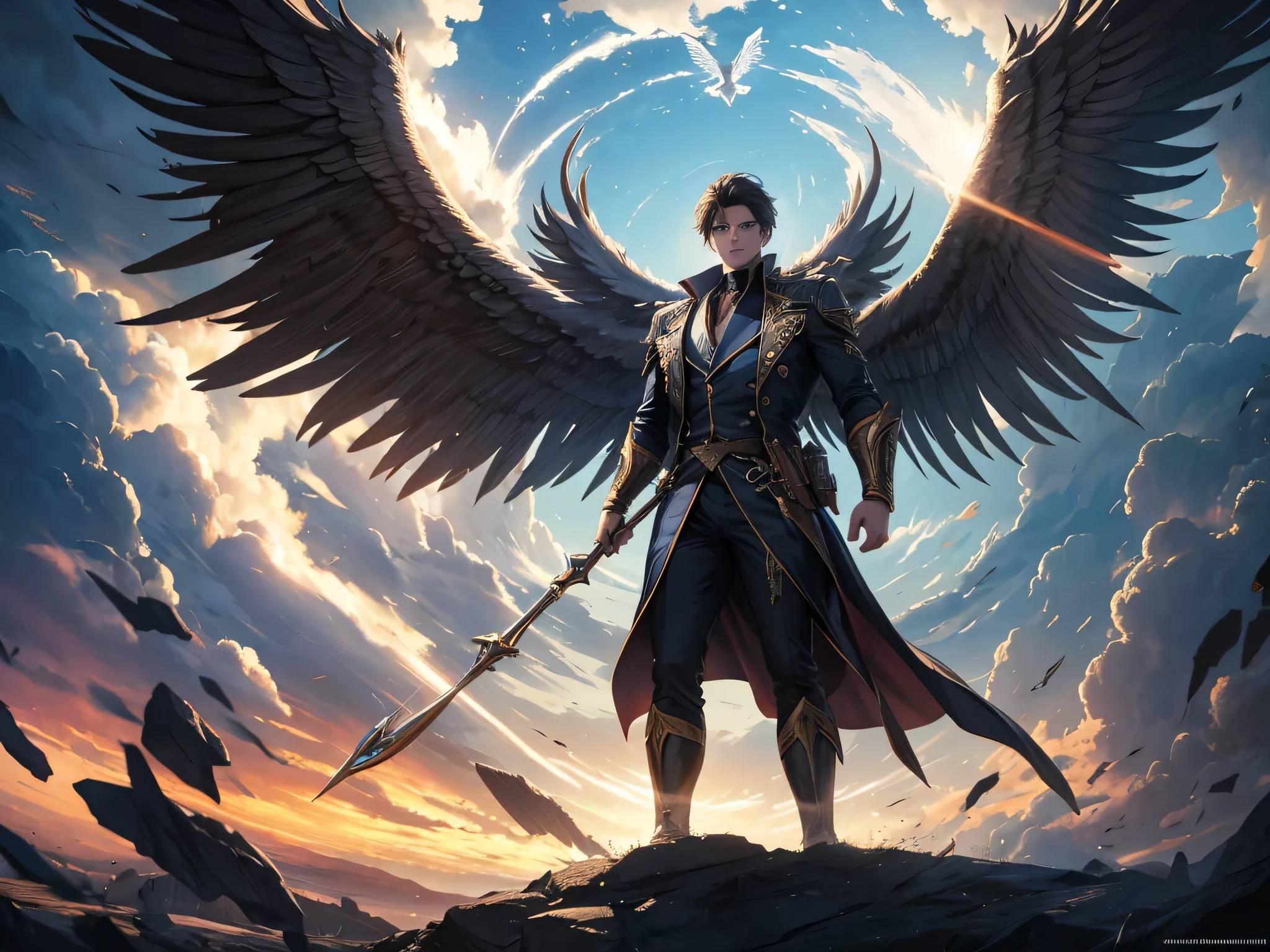 super fine illustration, Ultra high resolution, artwork, Highest quality, Perfect Lighting, Specific lighting, dramatic shadow, ray tracing of an archangel conjuring a power in his right hand, male aspect, among clouds