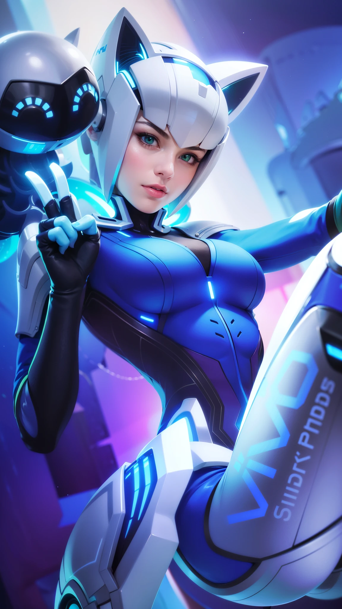 a close up of a woman in a futuristic suit, (female:1.2), 8k, ultra hd, ultra detailed texture, hyper realistic, masterpiece, detailed texture, detailed face, detailed skin, detailed lighting, (photorealistic:1.5), best quality, beautiful lighting, cinematic lighting, professional lighting, ultra highres, realistic, high quality, (realskin:1.5), extremely detailed, finely detail, ultra-detailed, 1girl, solo, floating, (green eyes), glowing eyes, red lips, v-shapped eyes, colored skin, dark skin, purple skin, nose, pretty, beautiful, make up, large breasts, thigh, pauldrons, black pants, belt, purple coat, mechanical wings, armor shoulder, gloves, eudora \(mobile legends\), depth of field, looking aways, skin tight, amazing pose, glowing electric, lighting, cinematic background, smile.