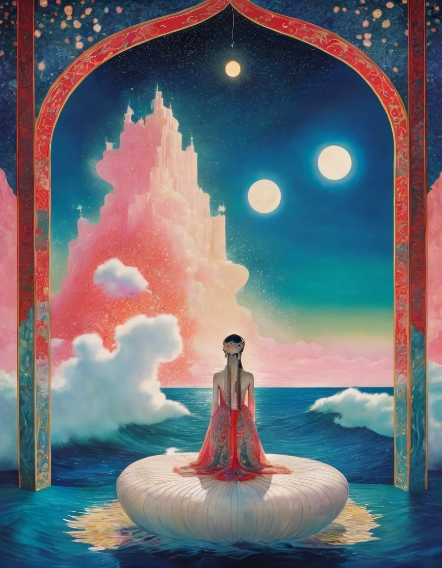 1Beautiful girl standing in the waves of Glowing text，Glowing text，Beautiful surreal,   magic, orientalisme, Illustrations by Kay Nielsen ，Ryan McGinley (Pipilotti Rist))