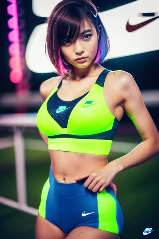 (3 girls:1.2), (Detailed full body RAW photo of girl), (table top:1.0), (highest quality:1.4), (超A high resolution:1.2), (realistic:1.4), 8K resolution, Canon EOS R5, 50mm, absurd, super detailed, (25 years old), sharp focus, cinematic lighting, detailed beautiful face, (No makeup:1.2), (Ulchan-6500-v1.1), shape, detailed skin texture, flat chest, (slim and fit body:1.6), detailed brown hair, sweltering,(very short hair:1.5), (Nike competition athletic wear with a very thin fit and tight neon colors:1.5), realistic glowing skin, (sweating:1.4), fine texture, (Japanese team:1.5), (flat chest:1.5), (No bra:1.5),