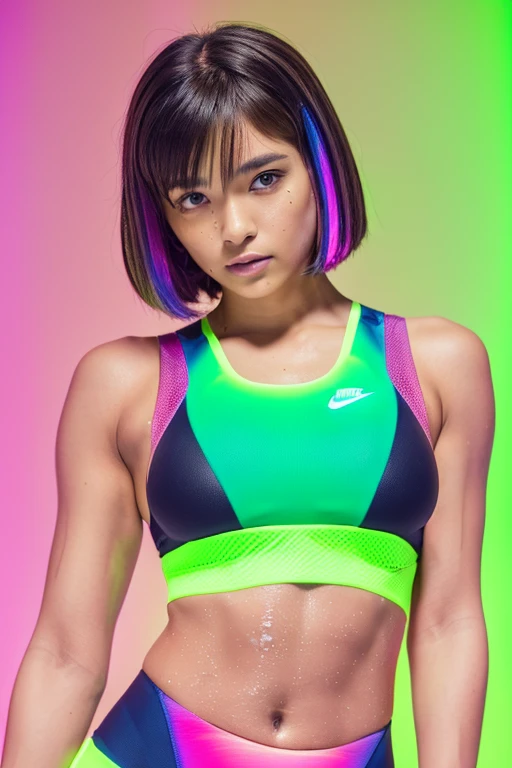 (3 girls:1.2), (Detailed full body RAW photo of girl), (table top:1.0), (highest quality:1.4), (超A high resolution:1.2), (realistic:1.4), 8K resolution, Canon EOS R5, 50mm, absurd, super detailed, (25 years old), sharp focus, cinematic lighting, detailed beautiful face, (No makeup:1.2), (Ulchan-6500-v1.1), shape, detailed skin texture, flat chest, (slim and fit body:1.6), detailed brown hair, sweltering,(very short hair:1.5), (Nike competition athletic wear with a very thin fit and tight neon colors:1.5), realistic glowing skin, (sweating:1.4), fine texture, (Japanese team:1.5), (flat chest:1.5), (No bra:1.5), 