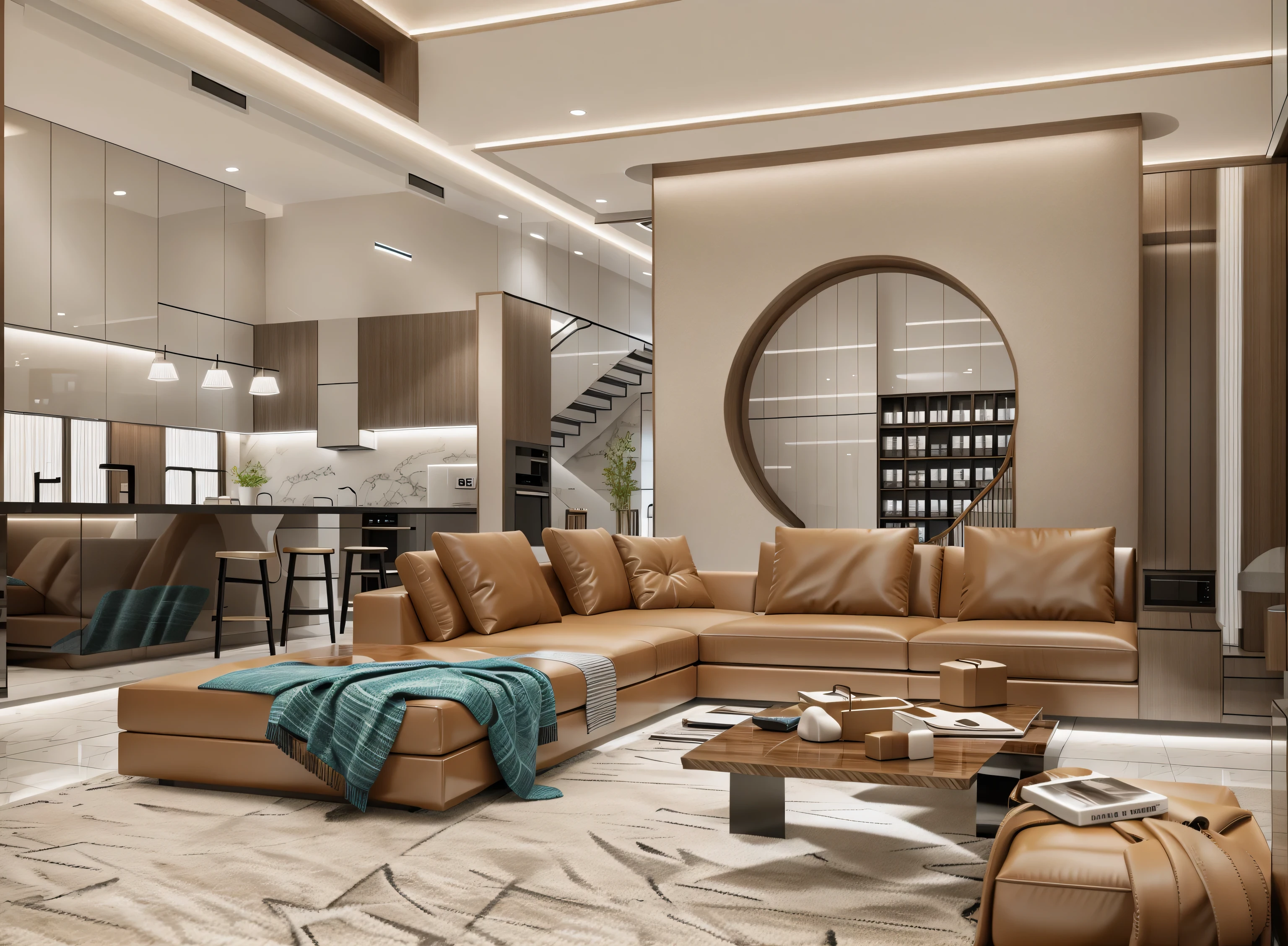 modern living room and kitchen interior design in a villa, ultra-realistic, super high quality render, 8k