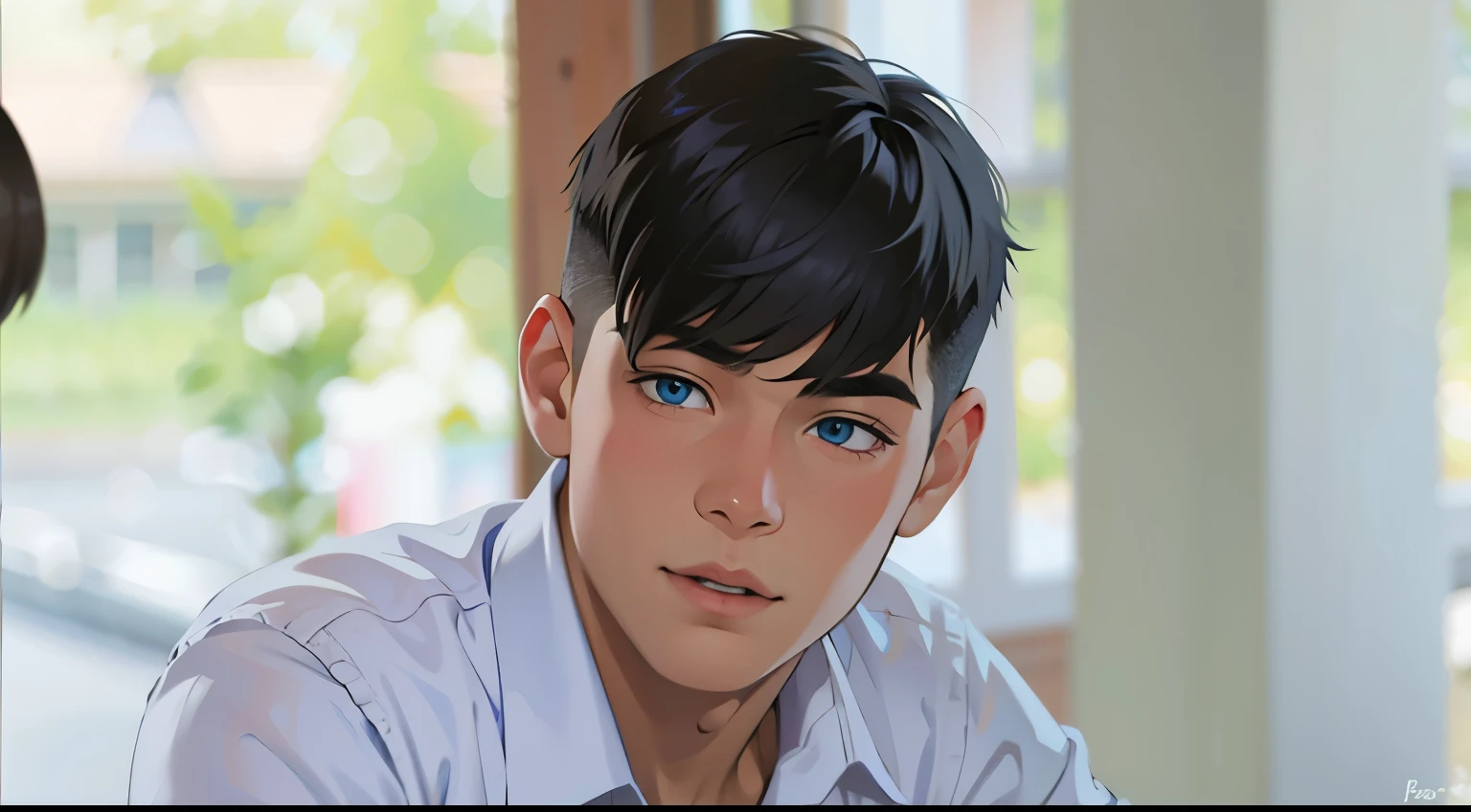 The 15-year-old boy with gray hair, blue eyes, is thoughtful, talking, a little confused. 