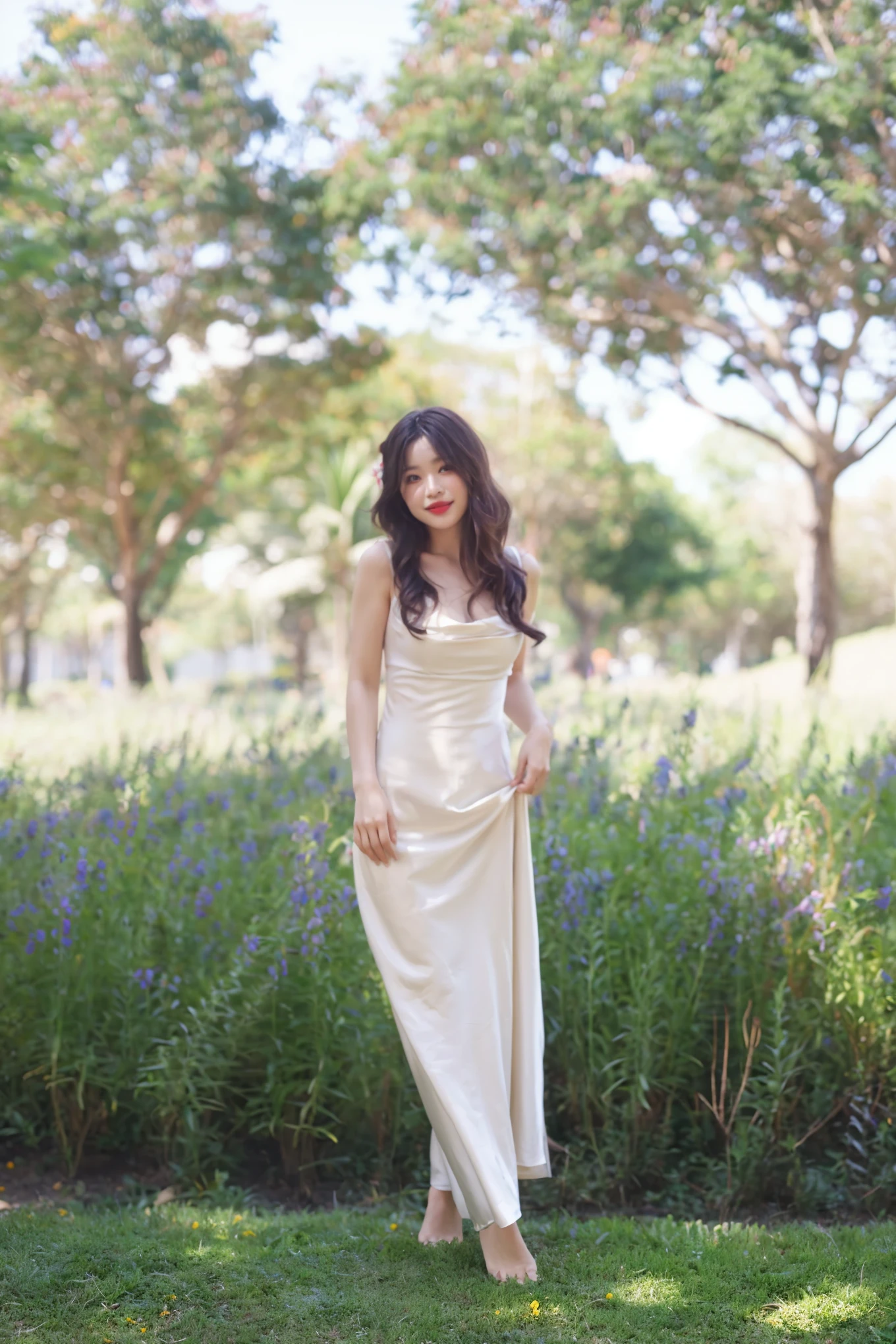 (realistic), (hyperrealism),best quality, masterpiece,ultra high res, (photorealistic:1.4),1girl,pale skin,skinny,(looking at viewer:2), forest, morning dew, buttefly, flowers,
formal dress, dynamic pose, bare shoulders, teeth, grin, red lip