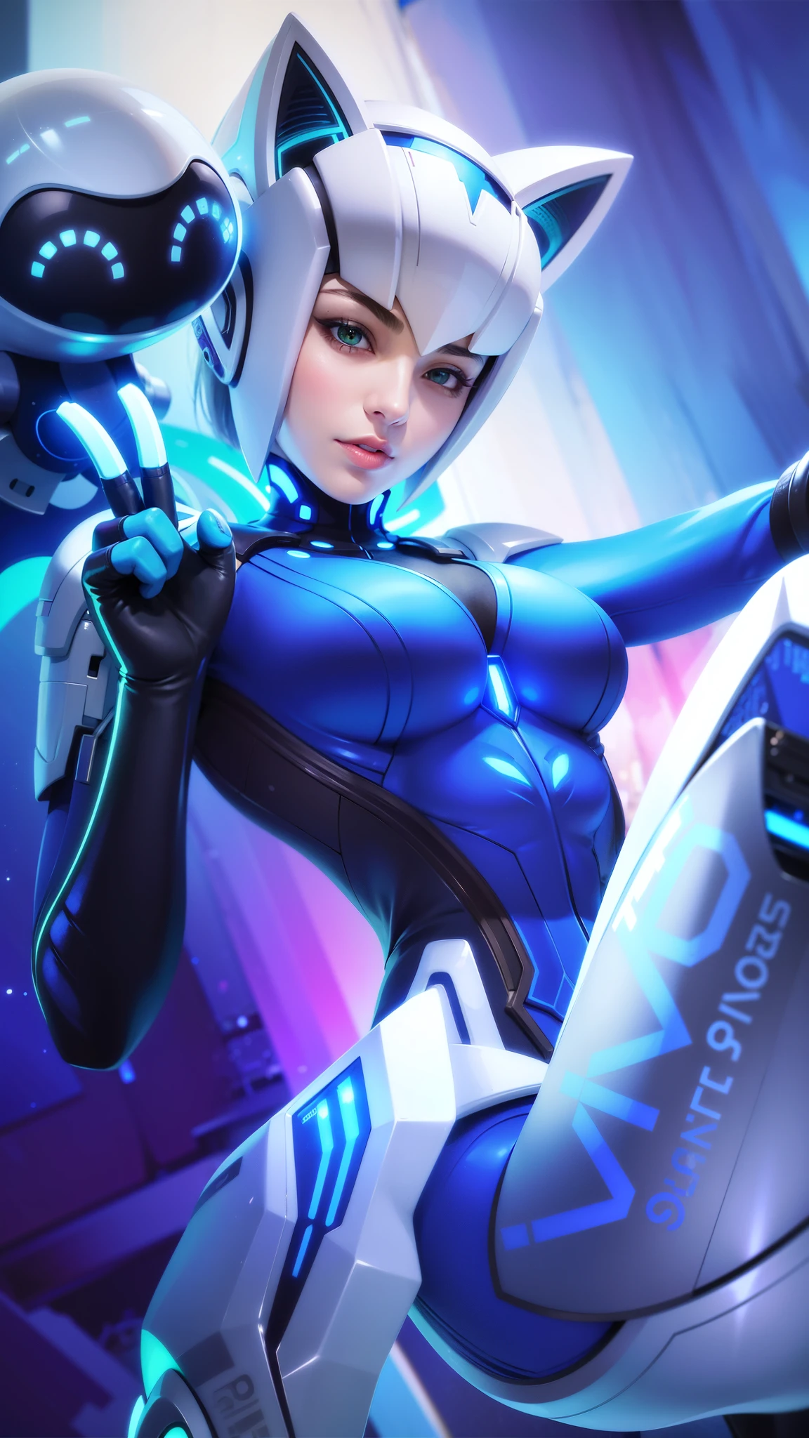 a close up of a woman in a futuristic suit, (female:1.2), 8k, ultra hd, ultra detailed texture, hyper realistic, masterpiece, detailed texture, detailed face, detailed skin, detailed lighting, (photorealistic:1.5), best quality, beautiful lighting, cinematic lighting, professional lighting, ultra highres, realistic, high quality, (realskin:1.5), extremely detailed, finely detail, ultra-detailed, 1girl, solo, floating, (green eyes), glowing eyes, red lips, v-shapped eyes, colored skin, dark skin, purple skin, nose, pretty, beautiful, make up, large breasts, thigh, pauldrons, black pants, belt, purple coat, mechanical wings, armor shoulder, gloves, eudora \(mobile legends\), depth of field, looking aways, skin tight, amazing pose, glowing electric, lighting, cinematic background, smile.