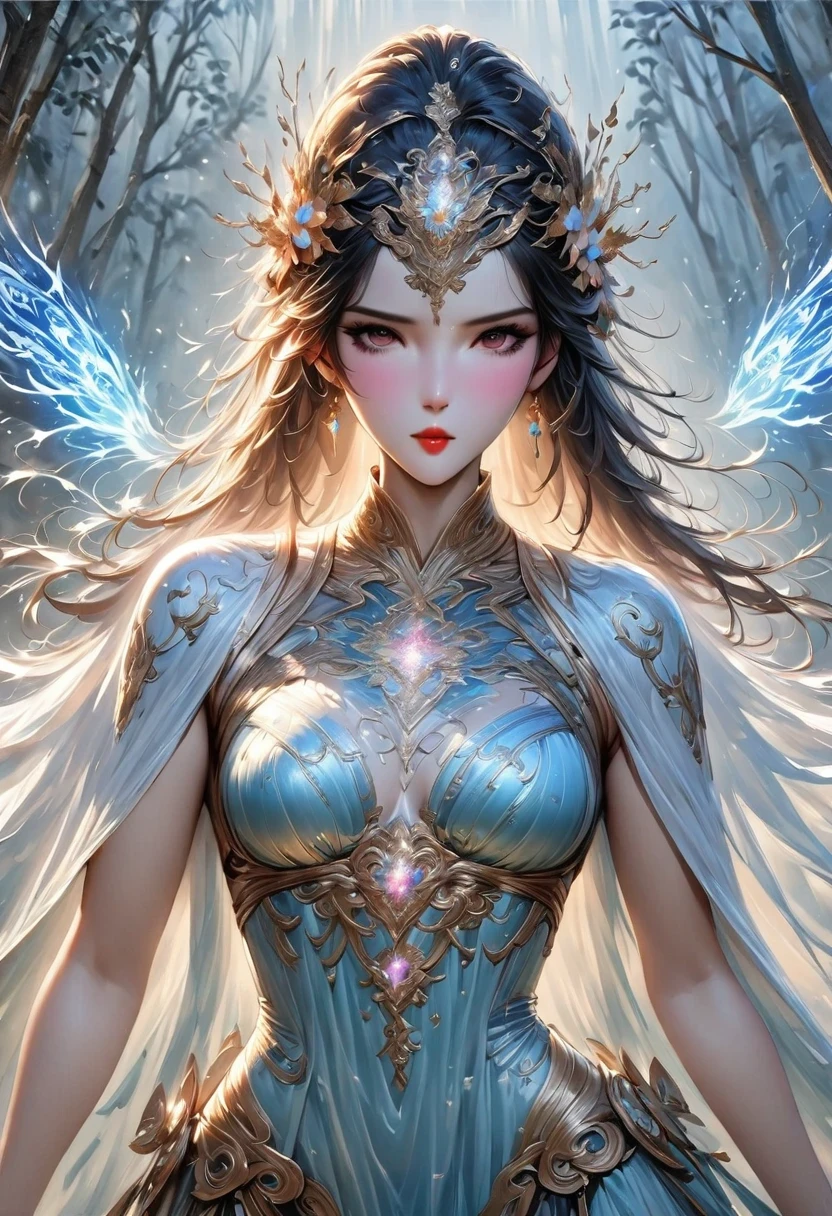 poderosos bruxos, Standing in the mysterious forest. Their flowing robes were decorated with symbols, open arms, Eyes sparkling with mysterious energy. as the spell escapes their lips, energetic, Swirling patterns of dark magic appear in the air, red and blue pulsations. Magic fills the air, make flowers bloom, creature that stares in awe. Wisps of magical energy dance, Reveal hidden areas, Unlock the secret. Capture the essence of this captivating moment, Bring the mysterious power of dark magic to life on canvas with the highest quality and detail. best quality, masterpiece, ultra high resolution, (lifelike:1.4), original photo, sharp focus, high dynamic range, Delicate skin.