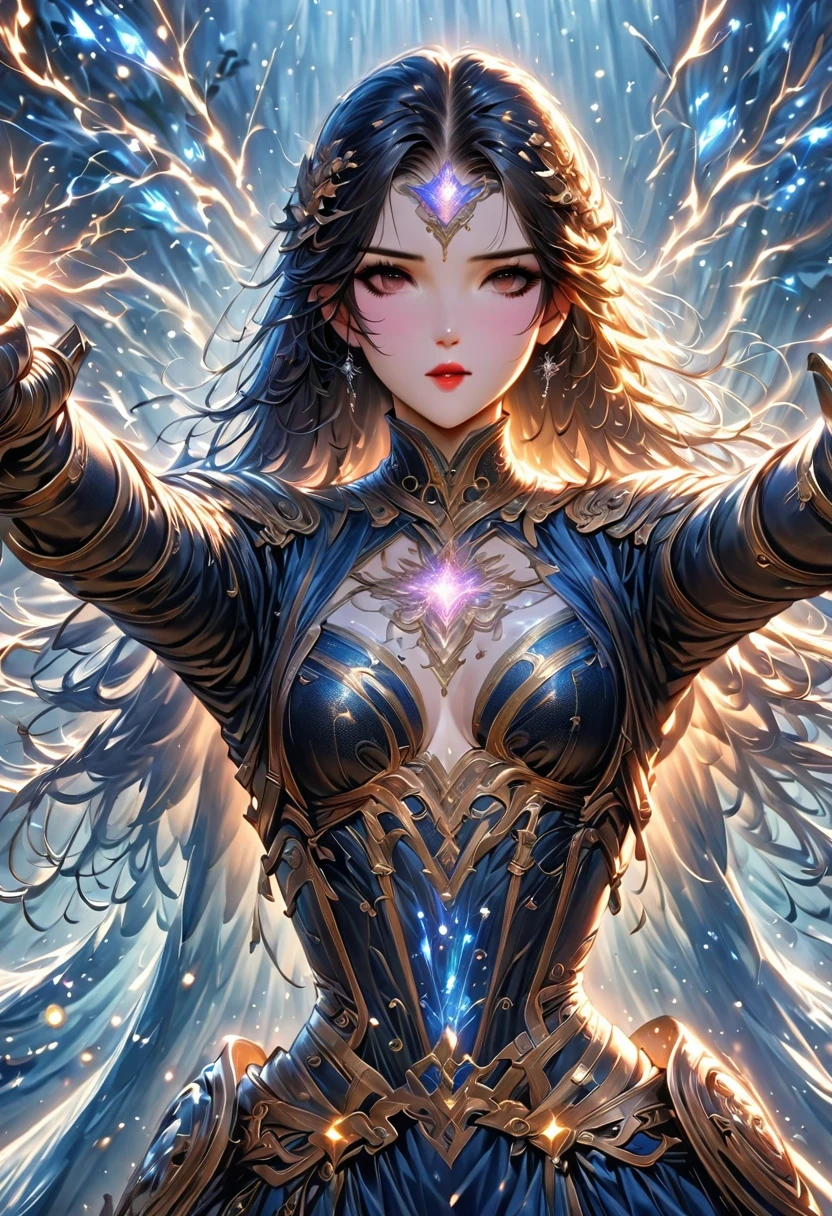poderosos bruxos, Standing in the mysterious forest. Their flowing robes were decorated with symbols, open arms, Eyes sparkling with mysterious energy. as the spell escapes their lips, energetic, Swirling patterns of dark magic appear in the air, red and blue pulsations. Magic fills the air, make flowers bloom, creature that stares in awe. Wisps of magical energy dance, Reveal hidden areas, Unlock the secret. Capture the essence of this captivating moment, Bring the mysterious power of dark magic to life on canvas with the highest quality and detail. best quality, masterpiece, ultra high resolution, (lifelike:1.4), original photo, sharp focus, high dynamic range, Delicate skin.