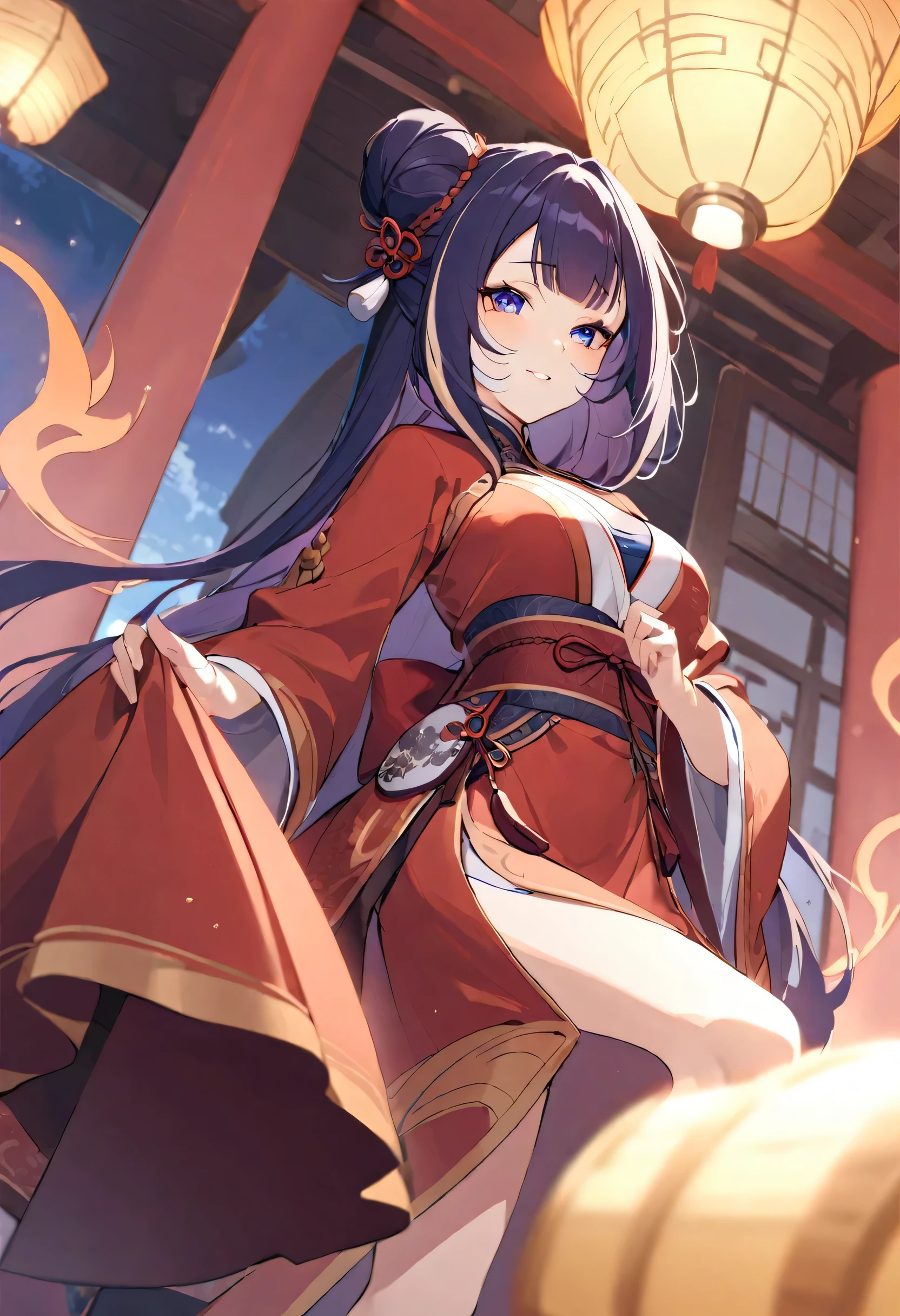 (((shylily))), (Exquisite classical Chinese picture quality),(Women dressed in traditional Han style costumes),(Emblem bun+Phoenix),(Delicate facial features),(The scene is a quiet Hanfeng ancient town),(Meticulous architectural details)+[ UE5（red packet， lanterns，Couplets）:1.3, the setting sun:1.2, Emblem carving handicraft:1.2, clubs:1.1]:0.5
