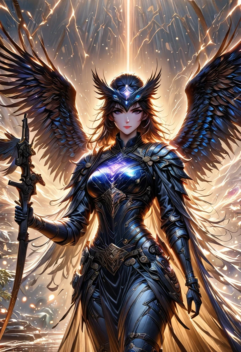 Eagle Falcon Warrior，Eagle head mask，eagle eye，Eagle's Beak， An eagle warrior with an eagle falcon face and wings stands in front of the city of darkness,Close-up of falcon，Huge wings glittering， Beautiful and elegant Falcon King,（（best quality））， （（masterpiece））， （high detail：1.3）， 3d， Machine gun in hand，（cyberpunk characters：1.2） special operations， ，（armed：1.1）， Bulletproof vest， raincoat， number （camouflage： 1.3）， high dynamic range（high dynamic range）， Ray tracing， NVIDIA RTX， ultra high resolution， Unreal 5， subsurface scattering， PBR texture， Post-processing， Anisotropic filtering， depth of field， Maximum clarity and sharpness for any layer texture、Albedo and reflection maps、surface coloring、Accurately simulate the interaction of light with materials、ideal proportions、Render by Octane、Dual color lighting、Large aperture、Low ISO、white balance、rule of thirds、8K raw data、Effective subpixel、sub-pixel convolution、 epic fantasy art, and Mumford Tom Bagshaw., Ominous fantasy illustration, diablo number concept art, Lei Zhenzi is on the dedication list, The head is a falcon， Purple skin under the armor, Thunder Demon, epic fantasy art style, Purple skin under the armor, Detailed number 2D fantasy art, epic fantasy art style HD, 8K fantasy art, King of Birds
