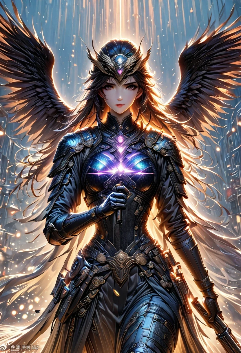 Eagle Falcon Warrior，Eagle head mask，eagle eye，Eagle's Beak， An eagle warrior with an eagle falcon face and wings stands in front of the city of darkness,Close-up of falcon，Huge wings glittering， Beautiful and elegant Falcon King,（（best quality））， （（masterpiece））， （high detail：1.3）， 3d， Machine gun in hand，（cyberpunk characters：1.2） special operations， ，（armed：1.1）， Bulletproof vest， raincoat， number （camouflage： 1.3）， high dynamic range（high dynamic range）， Ray tracing， NVIDIA RTX， ultra high resolution， Unreal 5， subsurface scattering， PBR texture， Post-processing， Anisotropic filtering， depth of field， Maximum clarity and sharpness for any layer texture、Albedo and reflection maps、surface coloring、Accurately simulate the interaction of light with materials、ideal proportions、Render by Octane、Dual color lighting、Large aperture、Low ISO、white balance、rule of thirds、8K raw data、Effective subpixel、sub-pixel convolution、 epic fantasy art, and Mumford Tom Bagshaw., Ominous fantasy illustration, diablo number concept art, Lei Zhenzi is on the dedication list, The head is a falcon， Purple skin under the armor, Thunder Demon, epic fantasy art style, Purple skin under the armor, Detailed number 2D fantasy art, epic fantasy art style HD, 8K fantasy art, King of Birds