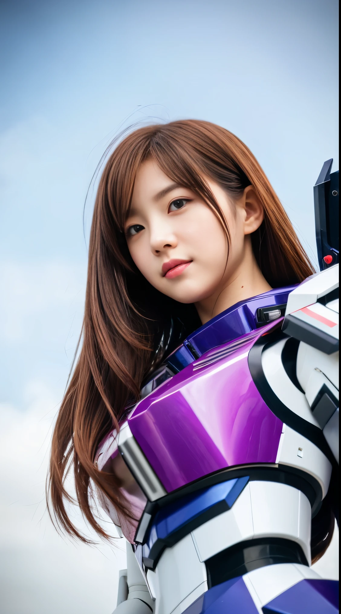 RAW, Masterpiece, Ultra Fine Photo,, Best Quality, Ultra High Resolution, Photorealistic, Sunlight, Full Body Portrait, Stunningly Beautiful,, Dynamic Poses, Delicate Face, Vibrant Eyes, (Side View) a close up of a woman in a pink and white gundam custume, dybamic pose, long brown very very very long long hair rapunzel, girl in mecha cyber armor, portrait armored astronaut girl, d. va from overwatch, female mecha, on a gundam, gundam head, chiho aoshima color scheme, mobile suit, streamlined purple armor, fully robotic!! girl, realistic cosplay, gundam armor (dynamic pose) (best cameraview), full body, sit down