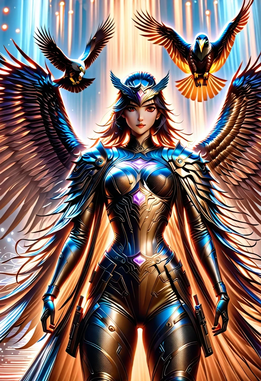 Eagle Falcon Warrior，Eagle head mask，eagle eye，Eagle's Beak， An eagle warrior with an eagle falcon face and wings stands in front of the city of darkness,Close-up of falcon，Huge wings glittering， Beautiful and elegant Falcon King,（（best quality））， （（masterpiece））， （high detail：1.3）， 3d， Machine gun in hand，（cyberpunk characters：1.2） special operations， ，（armed：1.1）， Bulletproof vest， raincoat， number （camouflage： 1.3）， high dynamic range（high dynamic range）， Ray tracing， NVIDIA RTX， ultra high resolution， Unreal 5， subsurface scattering， PBR texture， Post-processing， Anisotropic filtering， depth of field， Maximum clarity and sharpness for any layer texture、Albedo and reflection maps、surface coloring、Accurately simulate the interaction of light with materials、ideal proportions、Render by Octane、Dual color lighting、Large aperture、Low ISO、white balance、rule of thirds、8K raw data、Effective subpixel、sub-pixel convolution、 epic fantasy art, and Mumford Tom Bagshaw., Ominous fantasy illustration, diablo number concept art, Lei Zhenzi is on the dedication list, The head is a falcon， Purple skin under the armor, Thunder Demon, epic fantasy art style, Purple skin under the armor, Detailed number 2D fantasy art, epic fantasy art style HD, 8K fantasy art, King of Birds