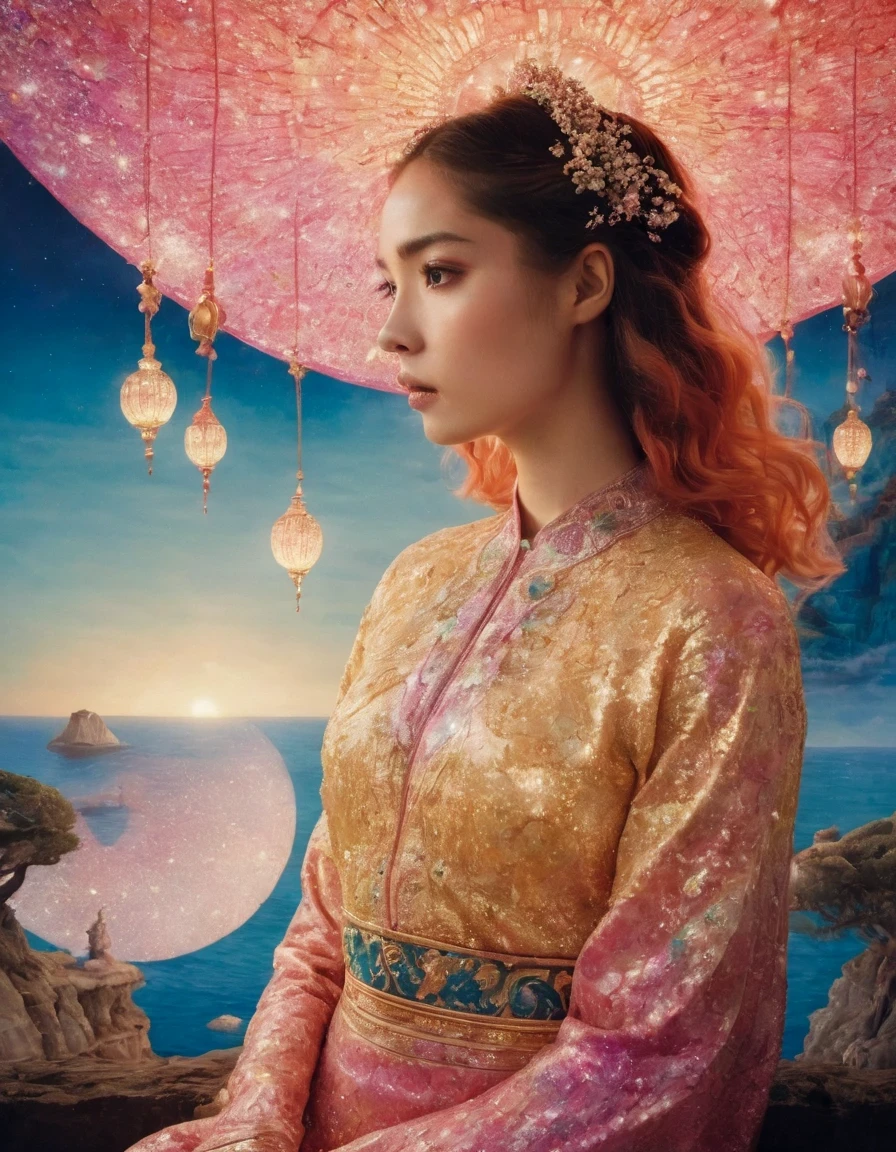 1Beautiful girl standing in the waves of Glowing text,Glowing text,Beautiful surreal, magic, orientalisme, Illustrations by Kay Nielsen ,Ryan McGinley (Pipilotti Rist))