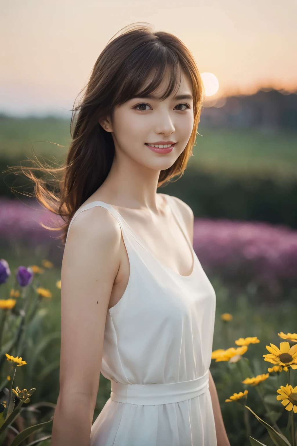 ((table top:1.4, highest quality)), (realistic pictures:1.4), 
((1 girl)), (Pure actress), (dream-like),
(超High resolution:1.2), very delicate and beautiful, wonderful, Highly detailed CG Unity 8K wallpaper, Super detailed, High resolution, 
soft light, beautiful detailed girl, highly detailed eyes and face, beautifully detailed nose, beautiful and detailed eyes, 
(wear a light white dress:1.3), 
cinematic lighting, perfect anatomy, slender body, (parted bangs),
(A girl standing in a meadow at night:1.3), (night view:1.3), (一面のflower々), (おびただしい数のflower々), (outdoor), (flower々light up part of), (contrast of light and dark), (fantastic beauty),
cowboy shot, looking at the viewer, smile
