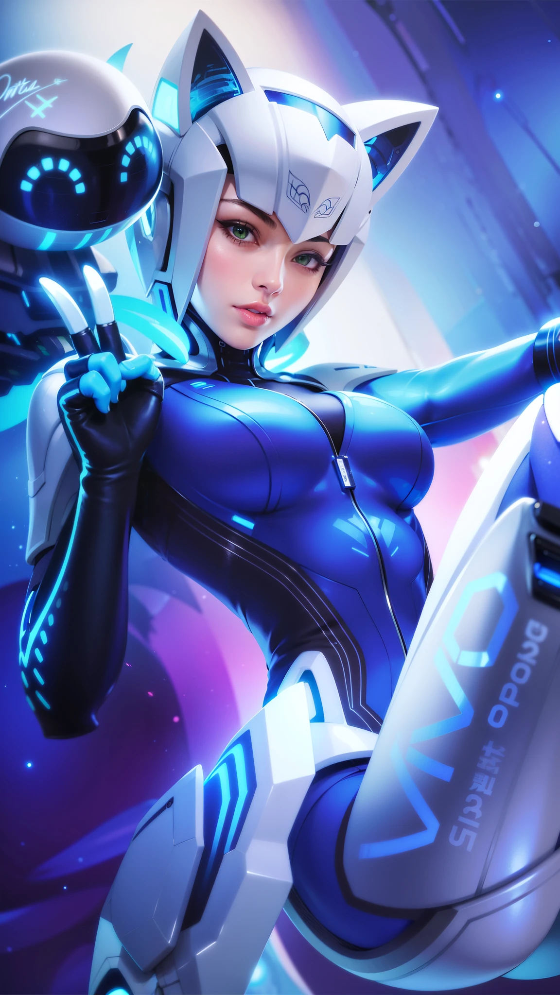 a close up of a woman in a futuristic suit, (female:1.2), 8k, ultra hd, ultra detailed texture, hyper realistic, masterpiece, detailed texture, detailed face, detailed skin, detailed lighting, (photorealistic:1.5), best quality, beautiful lighting, cinematic lighting, professional lighting, ultra highres, realistic, high quality, (realskin:1.5), extremely detailed, finely detail, ultra-detailed, 1girl, solo, floating, (green eyes), glowing eyes, red lips, v-shapped eyes, colored skin, dark skin, purple skin, nose, pretty, beautiful, make up, large breasts, thigh, pauldrons, black pants, belt, purple coat, mechanical wings, armor shoulder, gloves, eudora \(mobile legends\), depth of field, looking aways, skin tight, amazing pose, glowing electric, lighting, cinematic background, smile.