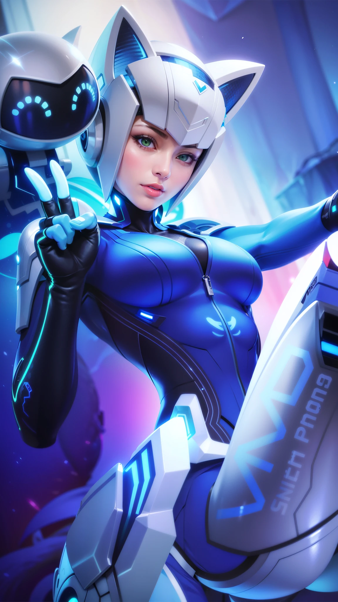 a close up of a woman in a futuristic suit, (female:1.2), 8k, ultra hd, ultra detailed texture, hyper realistic, masterpiece, detailed texture, detailed face, detailed skin, detailed lighting, (photorealistic:1.5), best quality, beautiful lighting, cinematic lighting, professional lighting, ultra highres, realistic, high quality, (realskin:1.5), extremely detailed, finely detail, ultra-detailed, 1girl, solo, floating, (green eyes), glowing eyes, red lips, v-shapped eyes, colored skin, dark skin, purple skin, nose, pretty, beautiful, make up, large breasts, thigh, pauldrons, black pants, belt, purple coat, mechanical wings, armor shoulder, gloves, eudora \(mobile legends\), depth of field, looking aways, skin tight, amazing pose, glowing electric, lighting, cinematic background, smile.