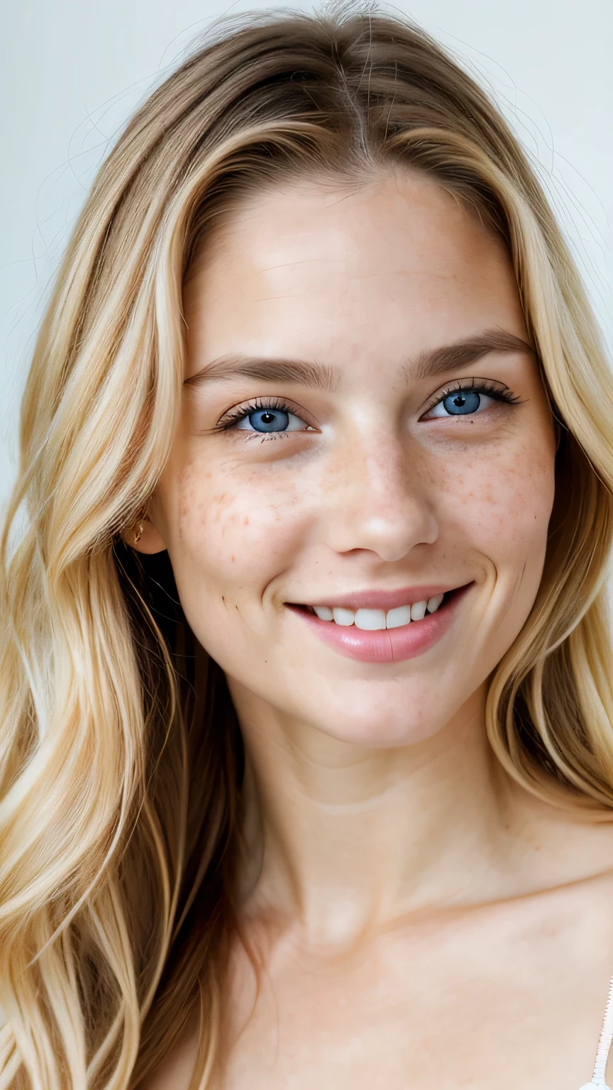 (1 person:1.2), beautiful european woman,35 years old、 white skin、blonde、Light freckles, big smile, dark makeup, Super detailed photography, soft light, head and shoulders portrait, cover