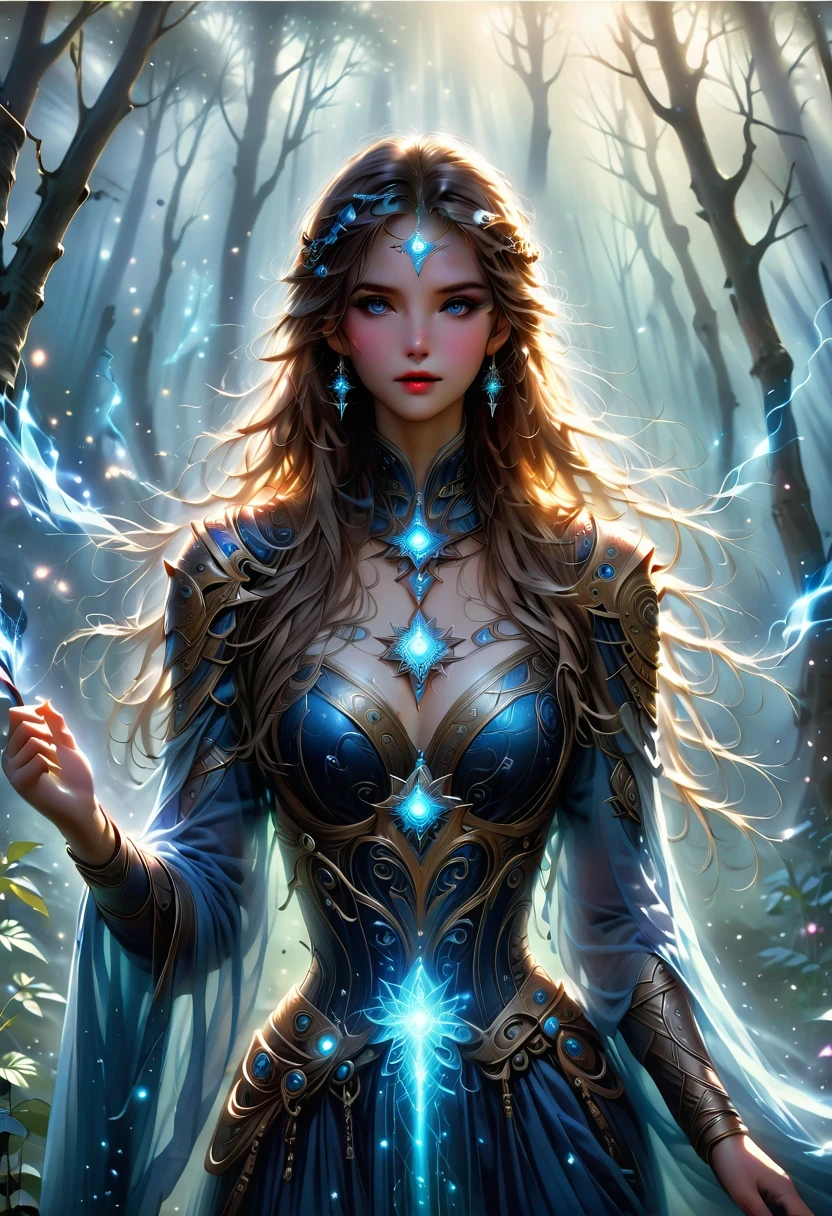 poderosos bruxos, Standing in the mysterious forest. Their flowing robes were decorated with symbols, open arms, Eyes sparkling with mysterious energy. as the spell escapes their lips, energetic, Swirling patterns of dark magic appear in the air, red and blue pulsations. Magic fills the air, make flowers bloom, creature that stares in awe. Wisps of magical energy dance, Reveal hidden areas, Unlock the secret. Capture the essence of this captivating moment, Bring the mysterious power of dark magic to life on canvas with the highest quality and detail. best quality, masterpiece, ultra high resolution, (lifelike:1.4), original photo, sharp focus, high dynamic range, Delicate skin.