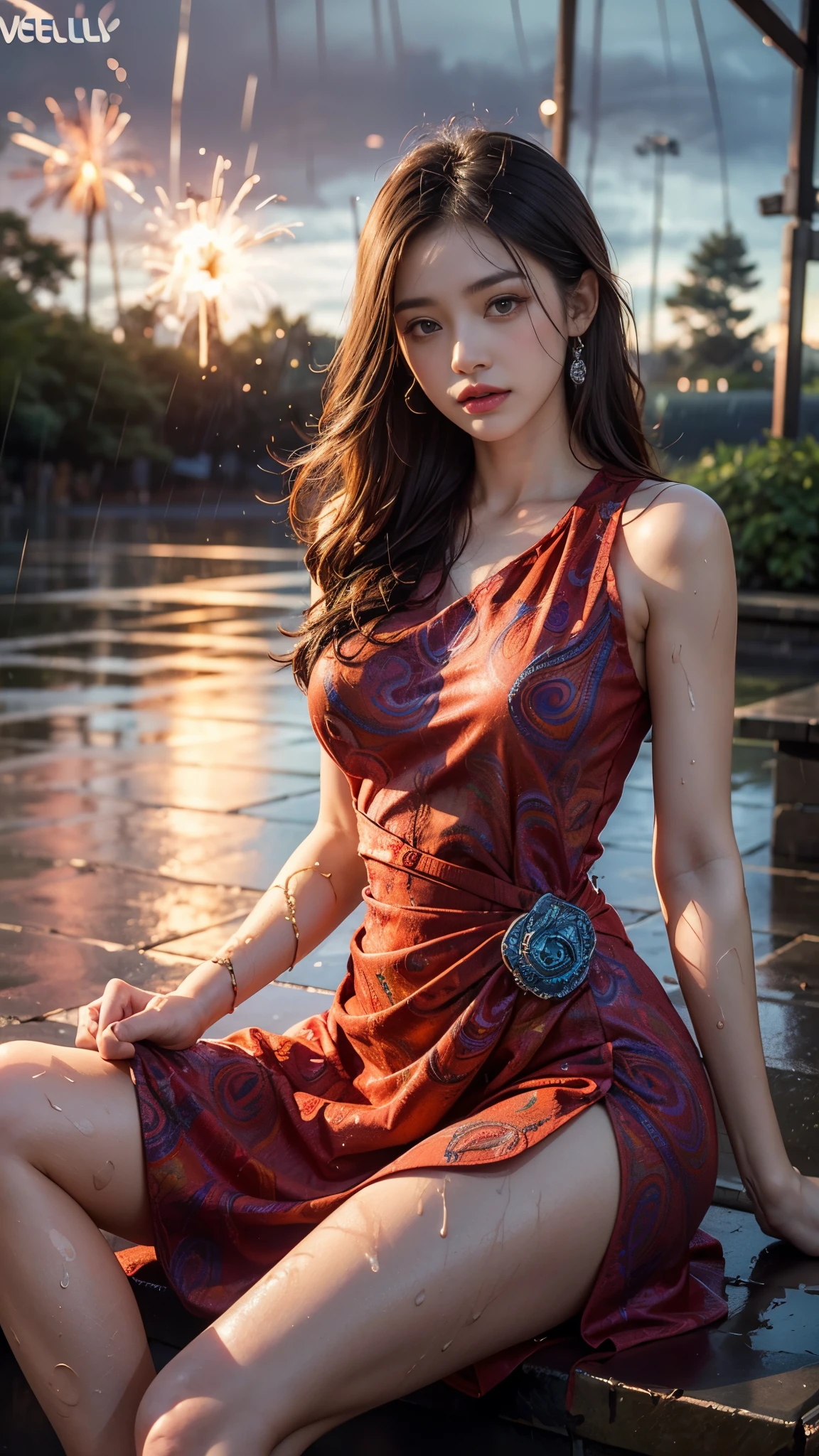 4k, ultra hd, masterpiece, 1 girl, serious face, detailed eyes, very long hair, (flare dress:1.5), (red flare dress:1.5), (paisley print:1.3), (jwellery:1.5), (bere waist:1.5), in the garden, cherry blossom, (rain:1.5), (water:1.5), sitting,