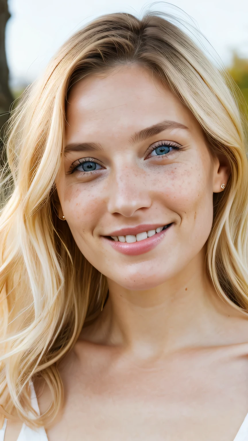 (1 person:1.2), beautiful european woman,35 years old、 white skin、blonde、Light freckles, big smile, dark makeup, Super detailed photography, soft light, head and shoulders portrait, cover