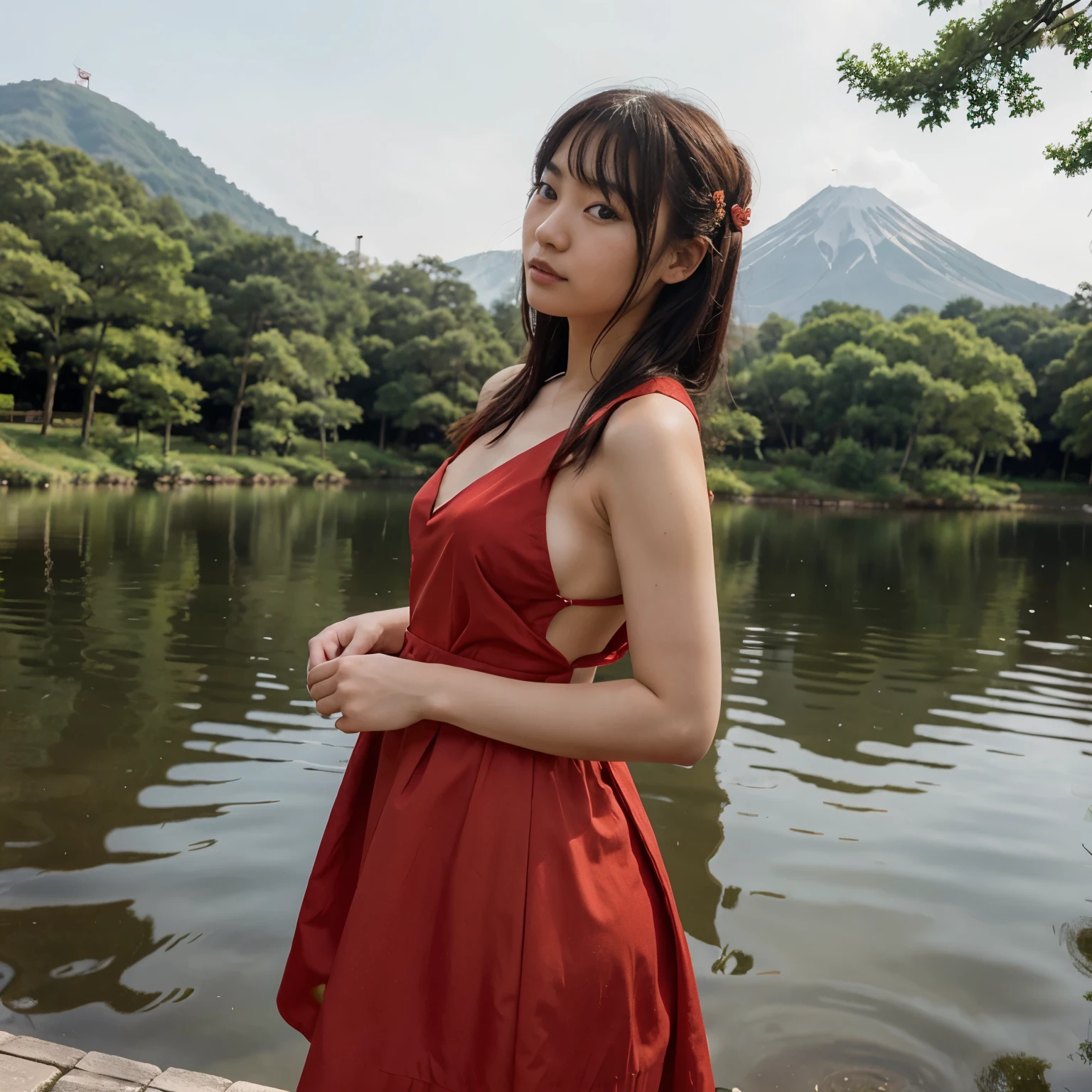 Japanese girl, beautifull, red dress, lake