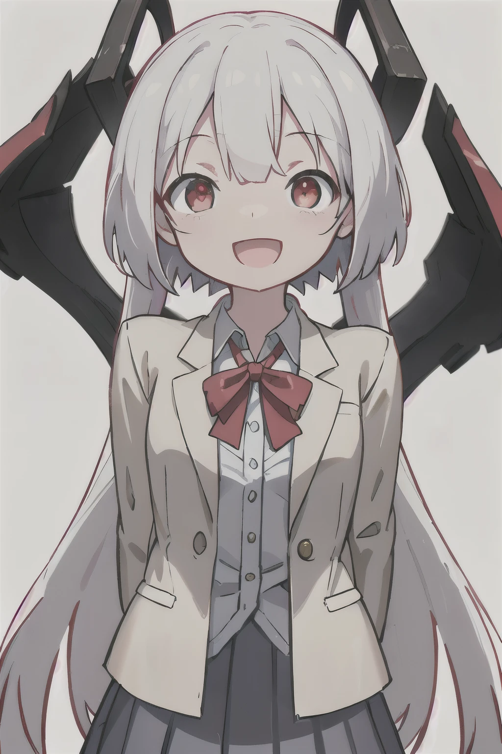 white background、Solid white background、blank background、arms behind back、hide your hands、beautiful detailed eyes、red eyes、White hair x red eyes、White hair, red eyes、redhead inside、「tsurime」「slant eyes」Upper body photographed from the front,(high quality, Breathtaking),(delicate eyes, perfect face)solo,Era: late 20s, open your mouth without showing your teeth、Smile with mouth wide open、open your mouth wide、long hair, white hair, white long sleeve blazer clothes,white pleated skirt、