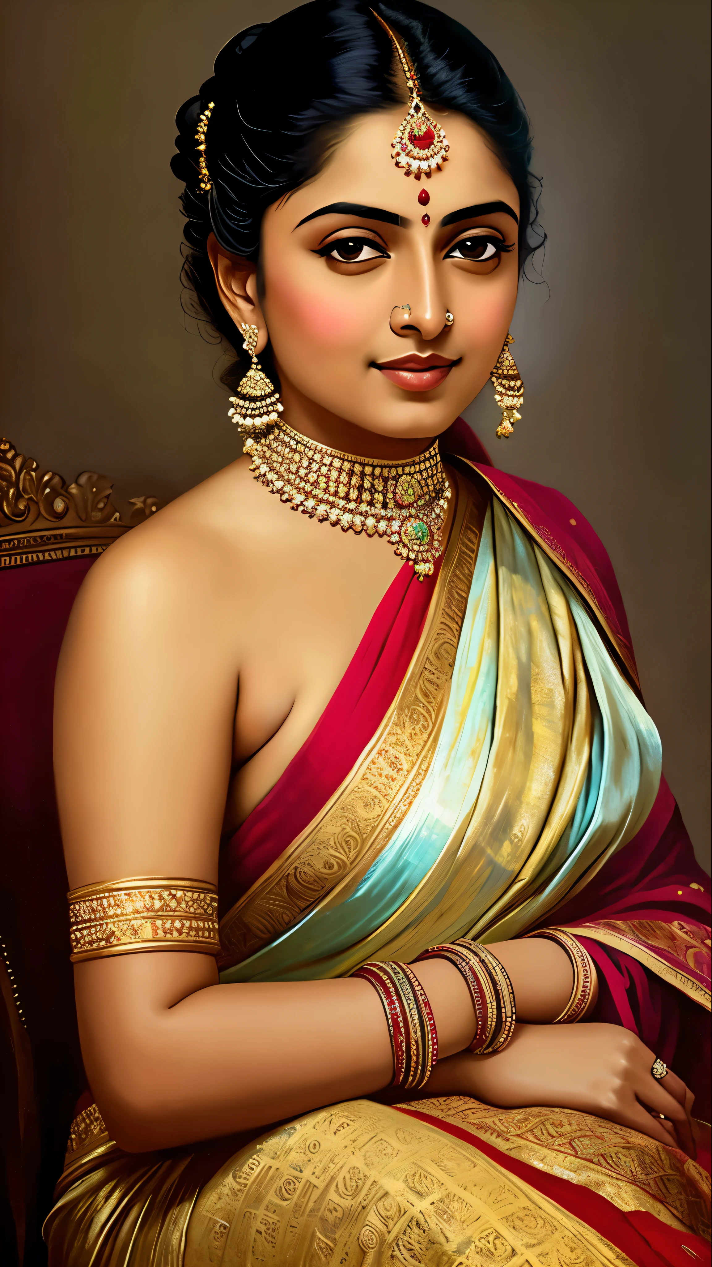 Reclining Nair Lady by artist Raja Ravi Varma, Realistic, 8K, ultra-detailed, intricate,Unreal Engine, midjourney art style impressionism, abstract, (oil painting , dry brushstrokes), negative space, vibrant colours, extremely beautiful lady, gorgeous, perfect thick healthy figure,